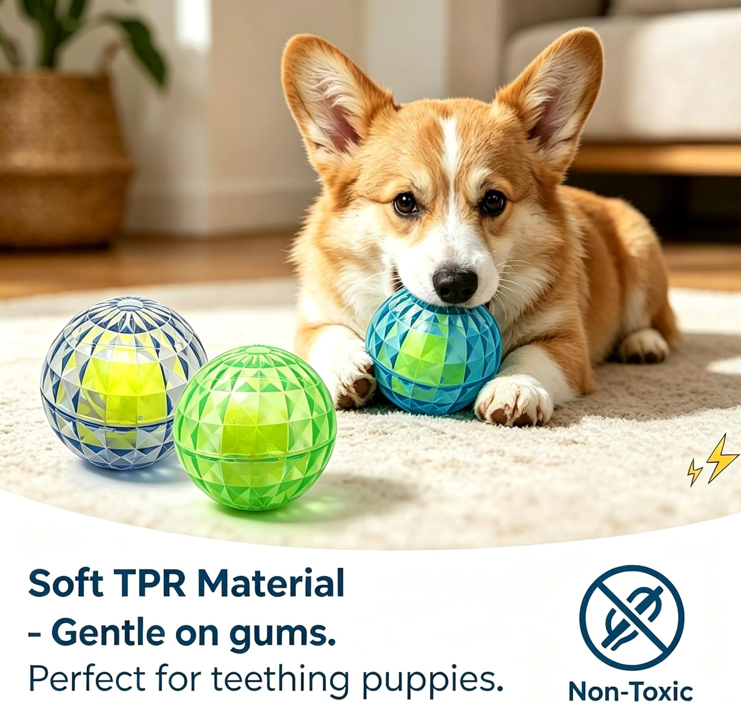 A corgi puppy lies on a beige carpet indoors, chewing a blue textured ball toy while two more soft ball toys sit nearby. Text at the bottom reads 'Soft TPR Material - Gentle on gums.