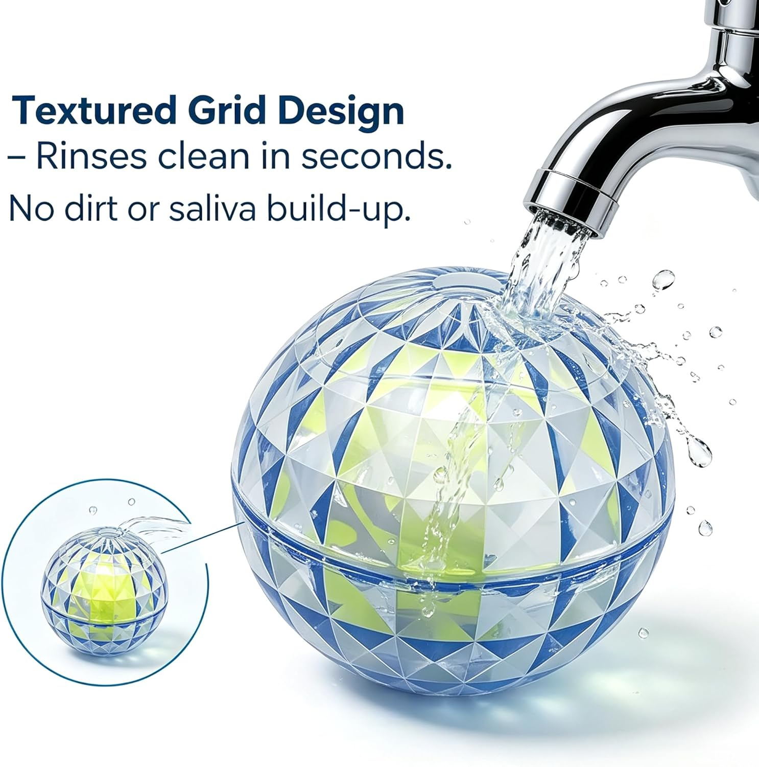 A faceted spherical blue and clear cleaning ball under running water from a chrome faucet, with marketing text reading 'Textured Grid Design' and a small inset showing the ball's grid texture.