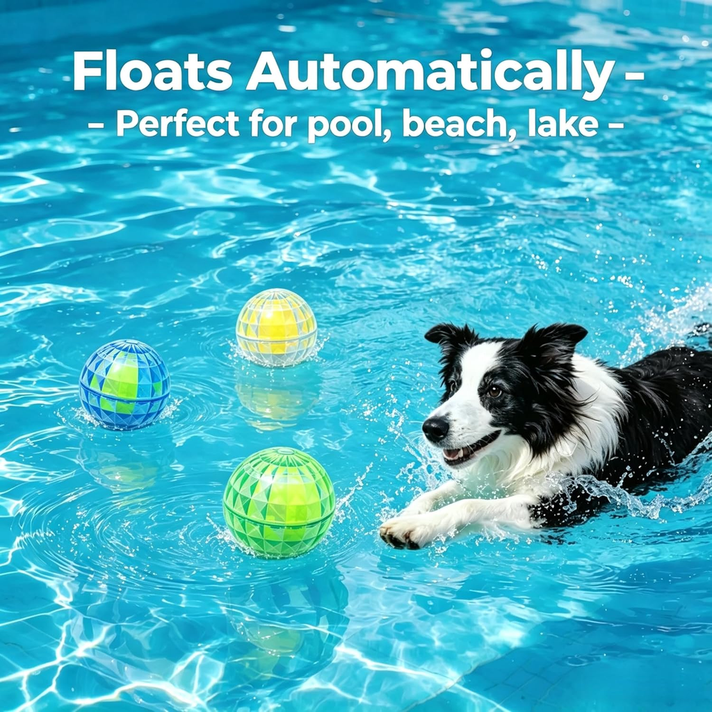 A black and white dog swims in bright blue pool water while three colorful spherical pool floats float nearby. White text at the top reads 'Floats Automatically - Perfect for pool, beach, lake'.