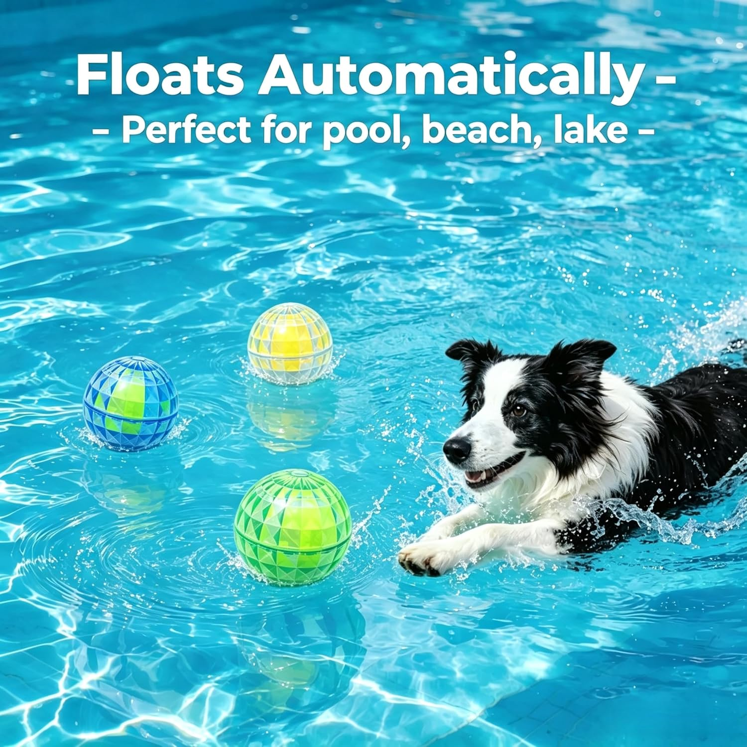 A black and white dog swims in bright blue pool water while three colorful spherical pool floats float nearby. White text at the top reads 'Floats Automatically - Perfect for pool, beach, lake'.