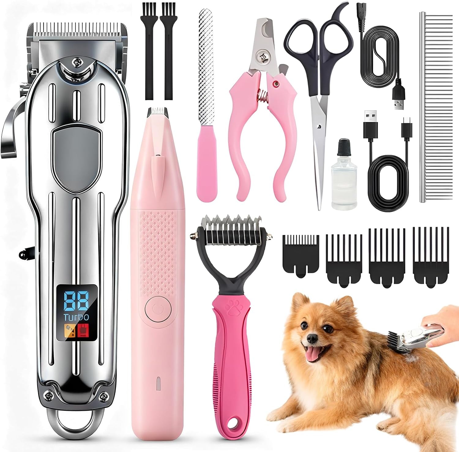 Dog Grooming Kit with Dog Clippers Rechargeable Wireless Grooming Clippers, Pet Trimmer for Thick Fur, Stainless Steel Blades & Nail Trimmer