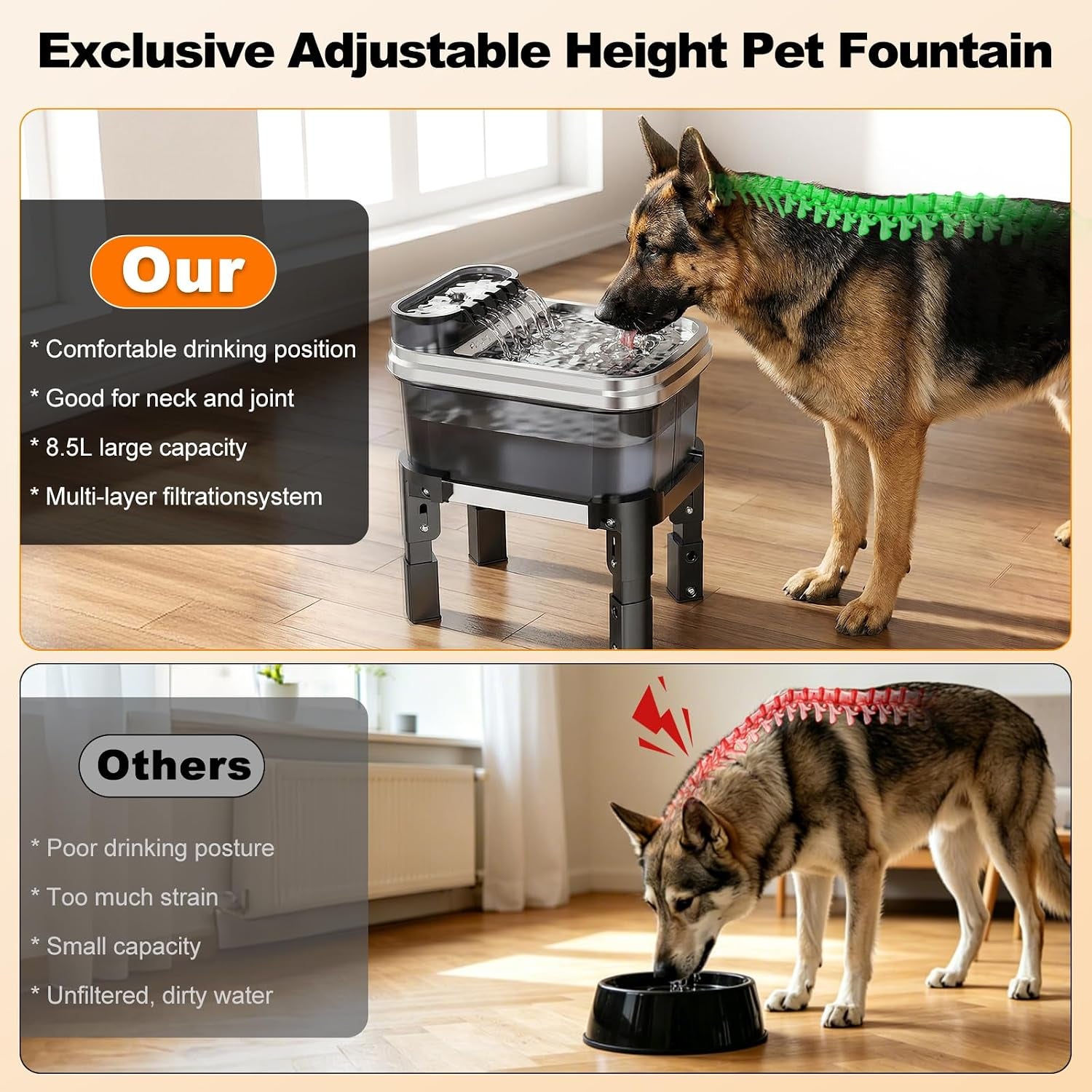 9L Elevated Stainless Steel Dog Water Fountain with Filter | 4-Level Adjustable Indoor Pet Water Fountain with Quiet Pump and No-Spill Design for Small, Medium, and Large Dogs