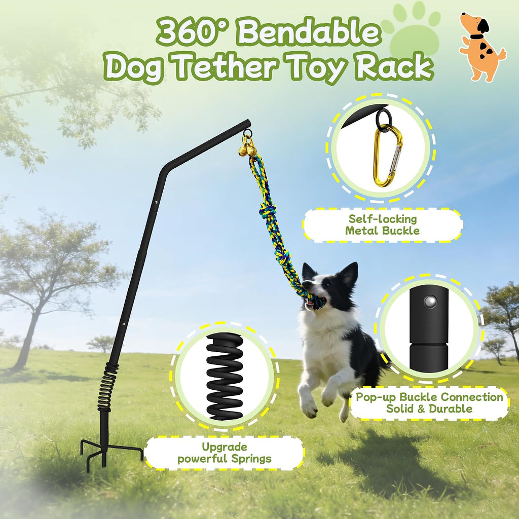 Tether Outdoor Dog Rope Toy with Adjustable Height Spring Pole, 3 Kinds Dog Tug of War Toys for Self Play and Interactive in Park, Yard, Lawn Rope, Suitable for Energetic Dog(45.5″)