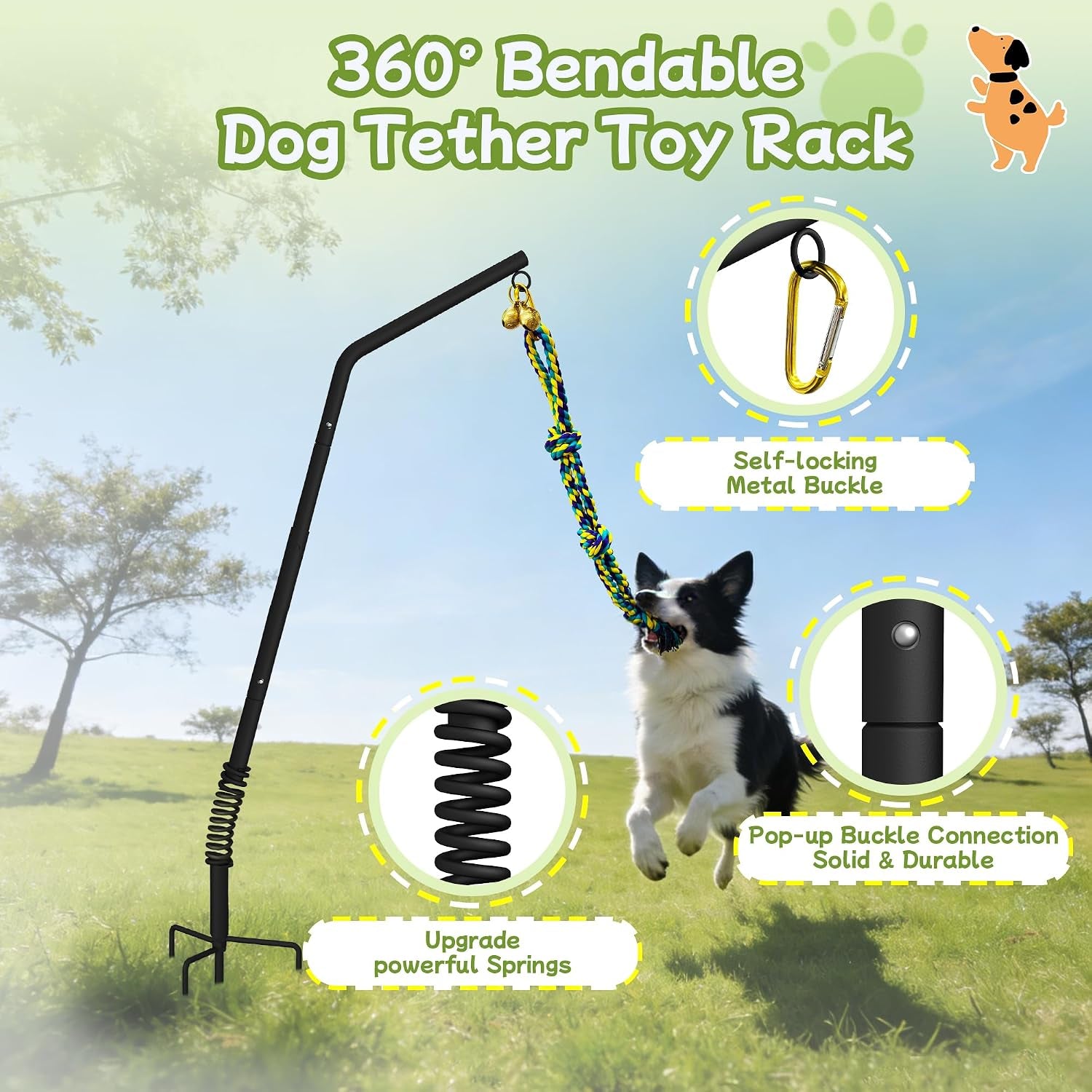 Tether Outdoor Dog Rope Toy with Adjustable Height Spring Pole, 3 Kinds Dog Tug of War Toys for Self Play and Interactive in Park, Yard, Lawn Rope, Suitable for Energetic Dog(45.5″)
