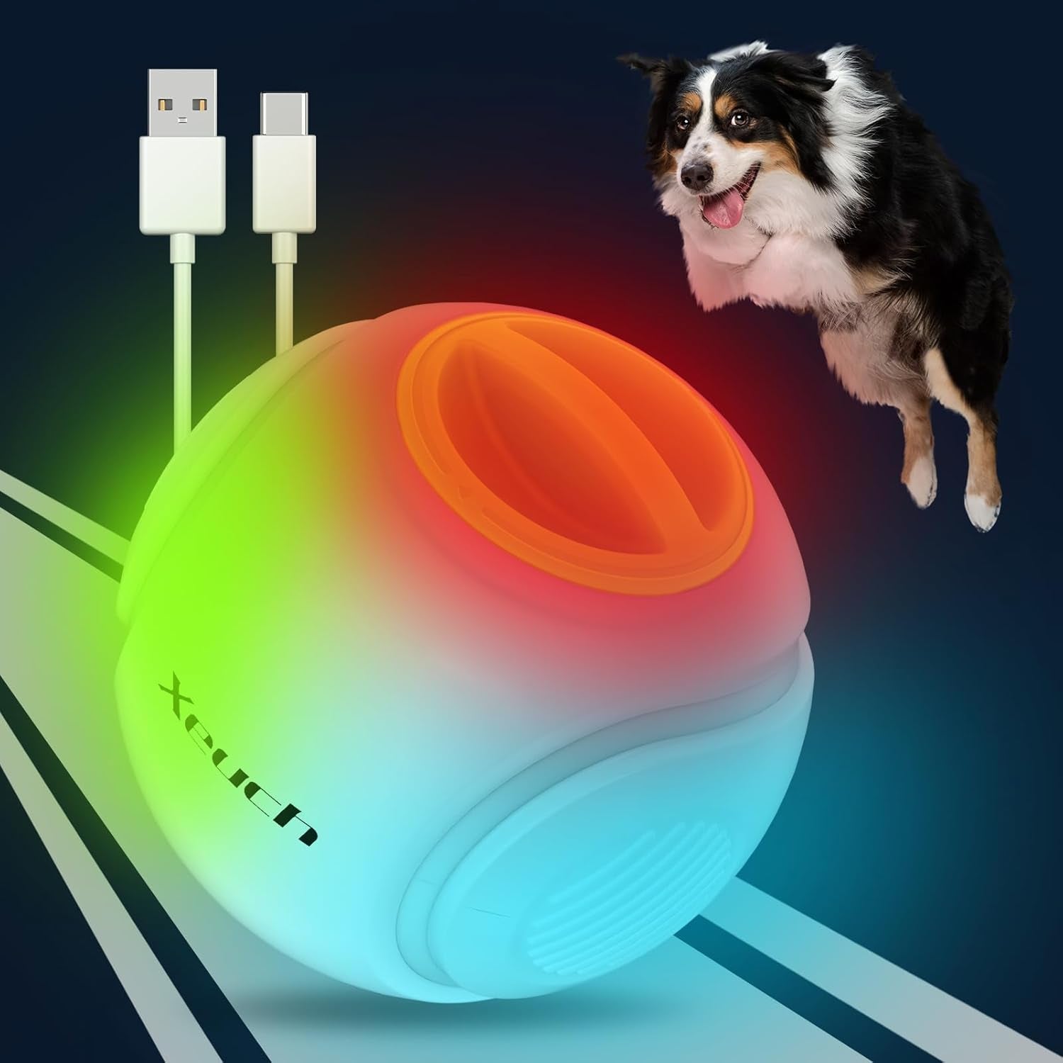 Light up Dog Balls, LED Dog Toy Ball Rechargeable, Bounce-Activated Durable Fetch Ball Grow in the Dark, Night Glowing Toy, Natural Rubber, Color Changing LED, 2.5 Inches-Orange
