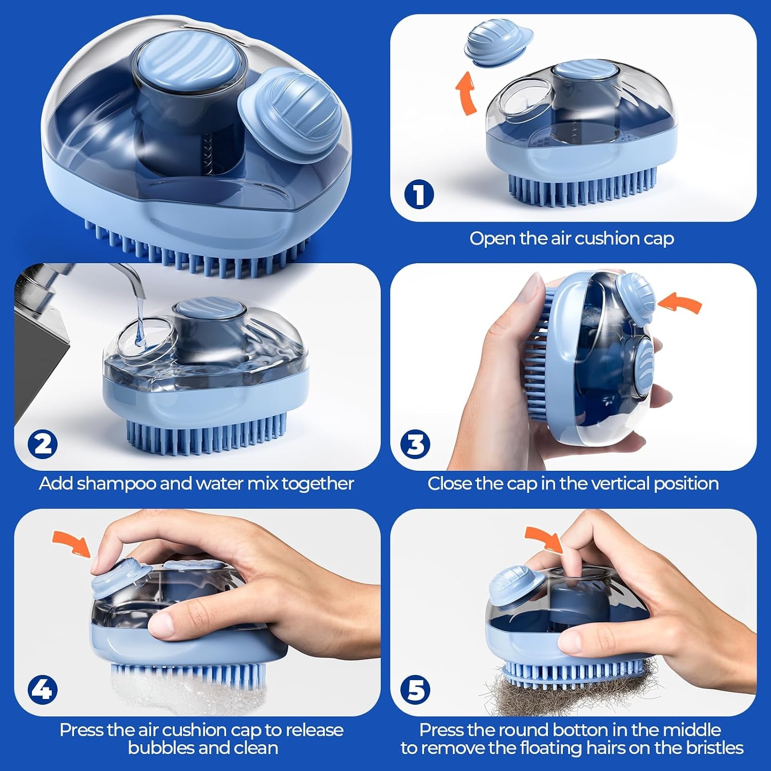 Cat Brush, Dog Bath Brush with Shampoo Dispensing, Blue, 1 Pack | Shedding with Self Cleaning, Grooming Supplies, Shampoo Brush Scrubber