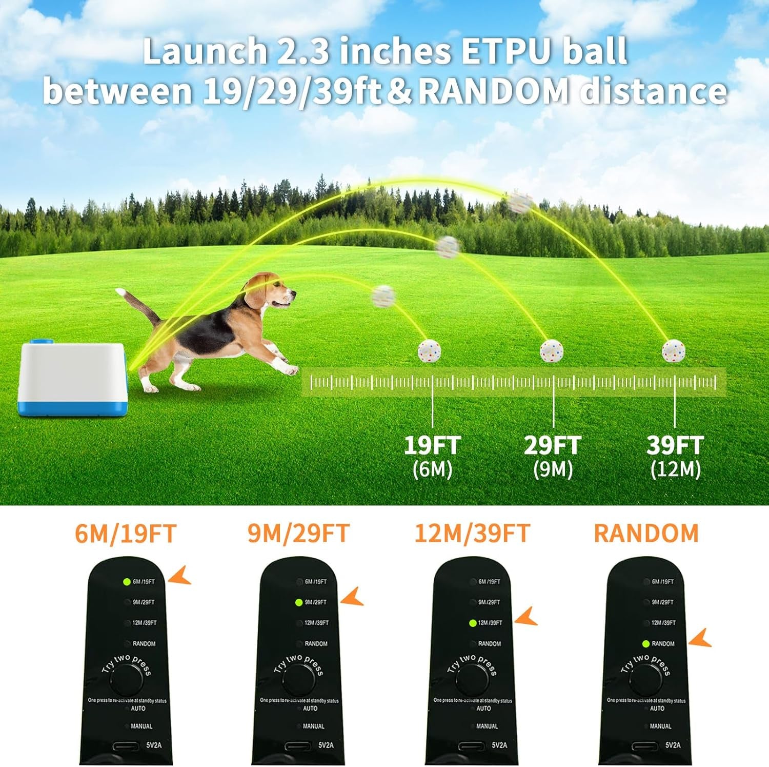 Automatic Dog Ball Launcher, Auto/Manual Paw-Activated Dog Ball Thrower, 3 Adjustable Distances Rechargeable Interactive Dog Toy, Indoor Outdoor Self Play Pet Toy with 4 Chew-Resistant Balls