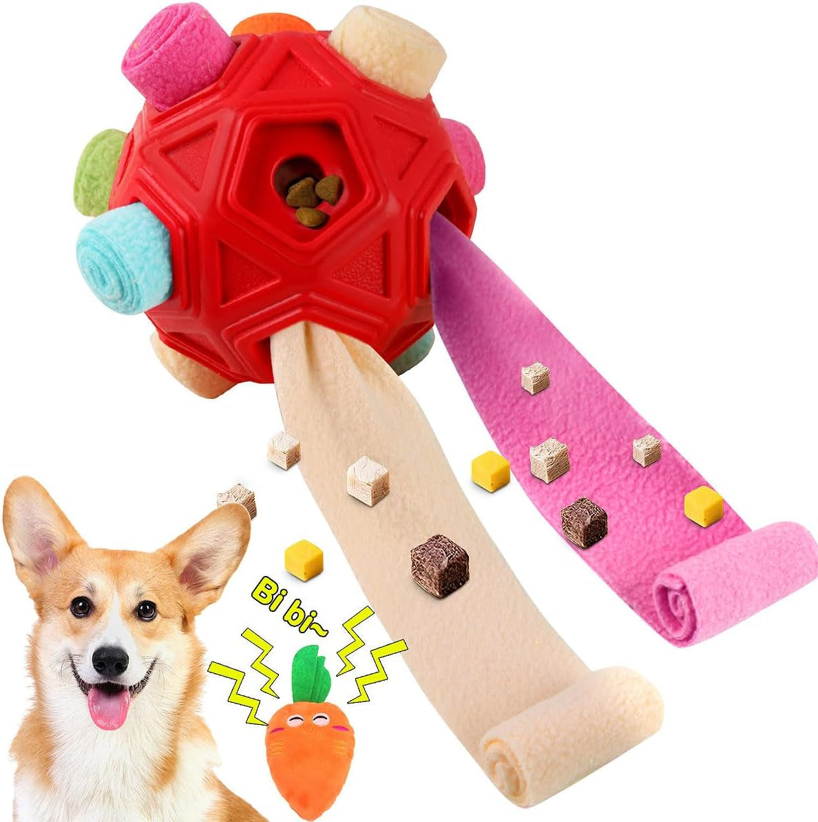 Dog Snuffle Ball-Interactive Puzzle Dog Toys Encourage Natural Foraging Skills Slow Feeder for Training and Stress Relief, Cloth Strip Hiding Food Treat Dispenser Dog Toy