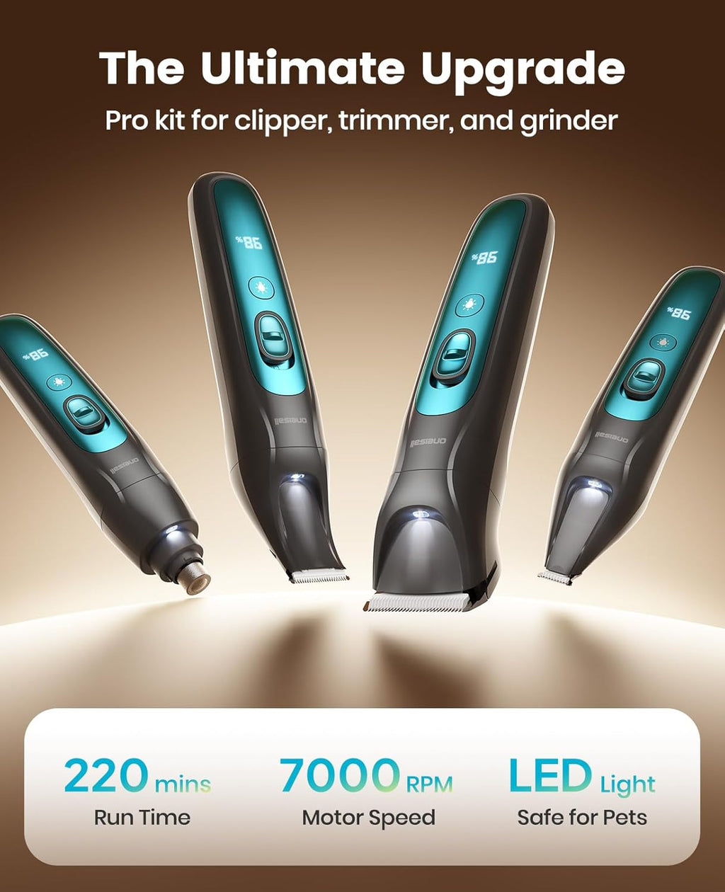 Professional 4-In-1 Dog Grooming Kit with LED Light | Quiet Clippers & Nail Grinder, Cordless, 3.7 Hrs Runtime, LED Display, Safe for Paws, Face, Ears & Body