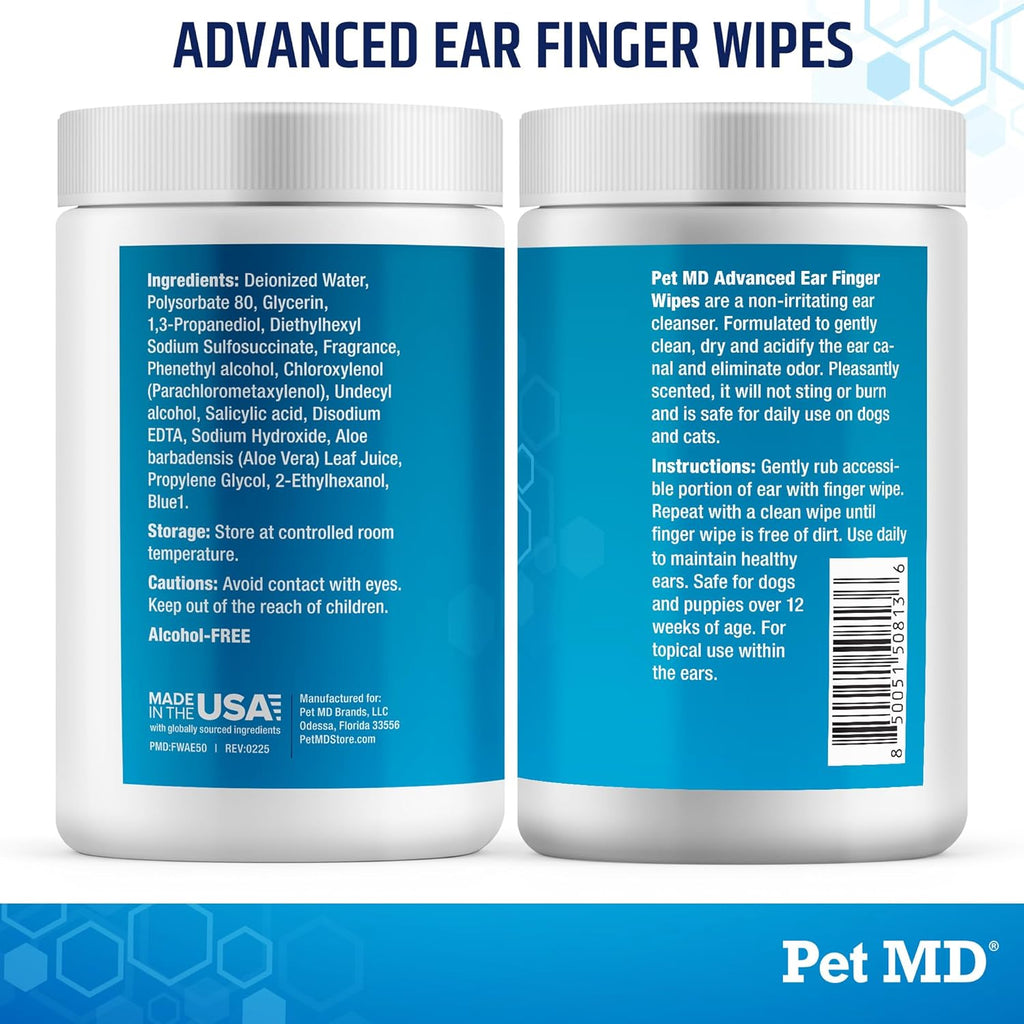 Advanced Ear Finger Wipes for Dogs & Cats - Cucumber Melon (50Ct) | Non-Irritating Cat Ear Wipes & Puppy Ear Cleaner - Pet Safe Cleaner to Aid in Itchiness and Odor