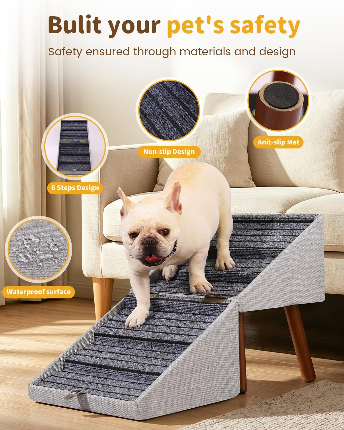 2-In-1 Foldable Ottoman Dog Ramp for Couch(6-Steps) | Convertible Folding Dog Stairs for Couch and Bed,Non-Slip Wooden Pet Stairs for Puppy Senior Injured Dogs
