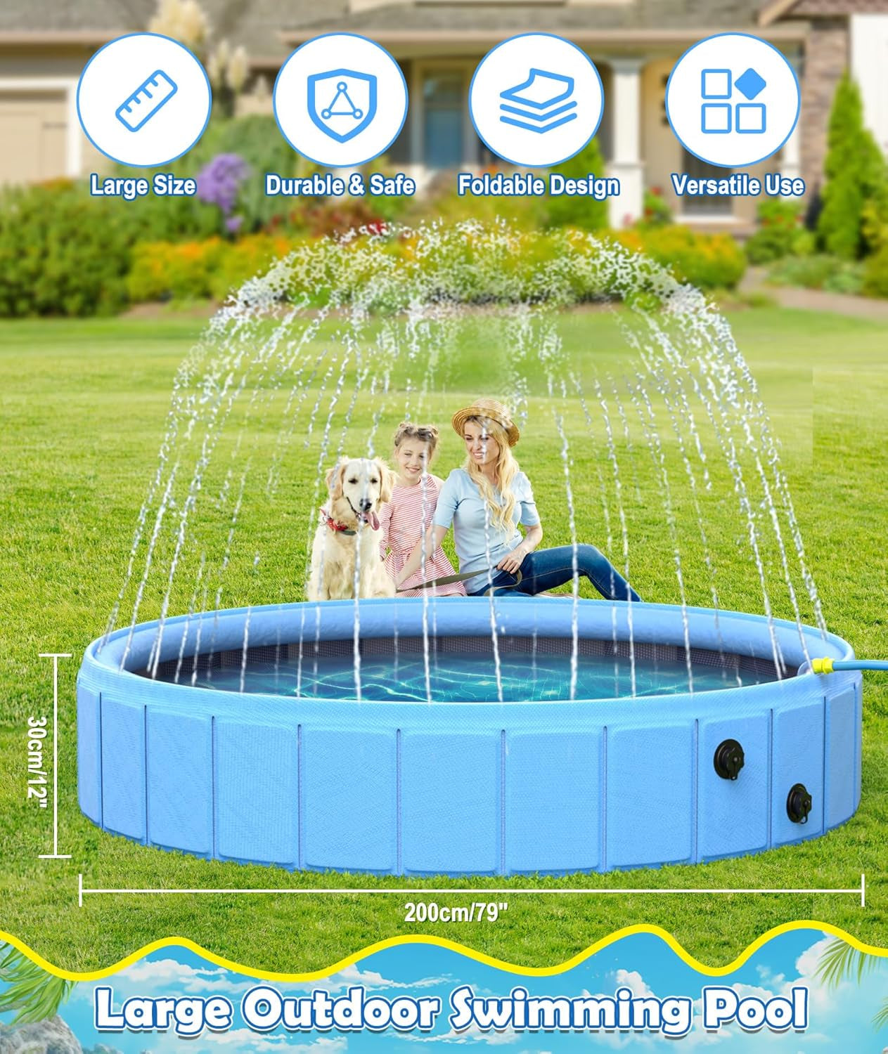 Foldable Dog Pool with Sprinkler, Large Non-Slip PVC Pet Bath, 79 Inch | 2-In-1 Pet Bath and Sprinkler with Non-Slip Base for Dogs and Kids, Ideal for Backyard Cooling, Bathing and Summer Water Play
