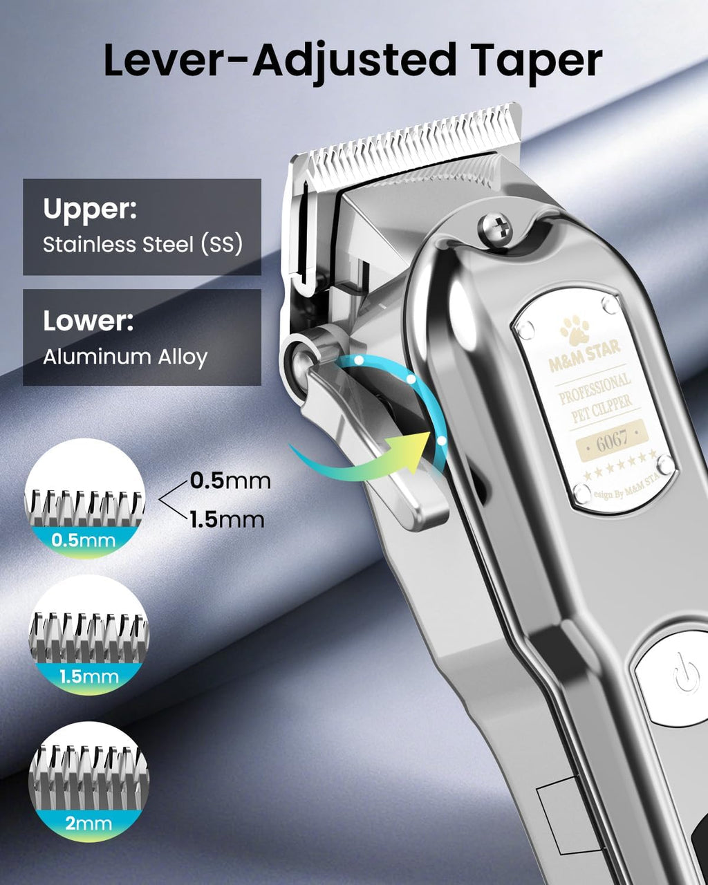 Dog Clippers for Grooming Thick Heavy Coats, All-Metal Body Low Noise Cordless Rechargeable Dog Hair Trimmer, Stainless Steel Blade, Professional Pet Grooming Kit for Dogs & Cats (Silver)