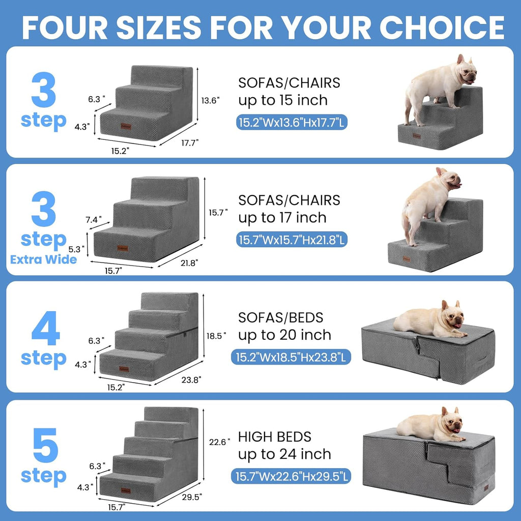 Dog Stairs for Small Dogs & Cats,3-Step Pet Steps for Couch & Bed | High-Density Foam Dog Steps with Anti-Slip Bottom,Easy for Puppies,Older Cats & Dogs to Reach Sofas & Chairs,Grey,13.6" H