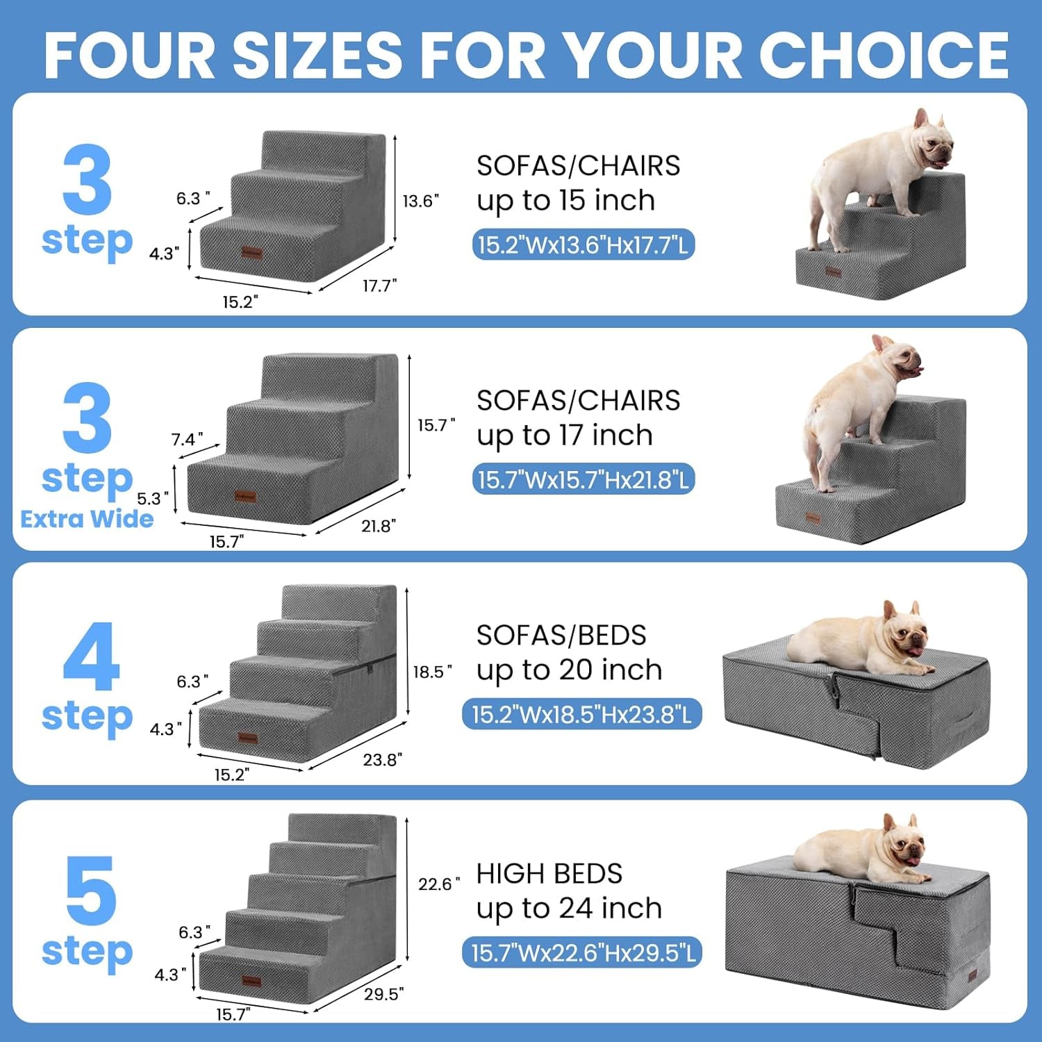 Dog Stairs for Small Dogs & Cats,3-Step Pet Steps for Couch & Bed | High-Density Foam Dog Steps with Anti-Slip Bottom,Easy for Puppies,Older Cats & Dogs to Reach Sofas & Chairs,Grey,13.6" H
