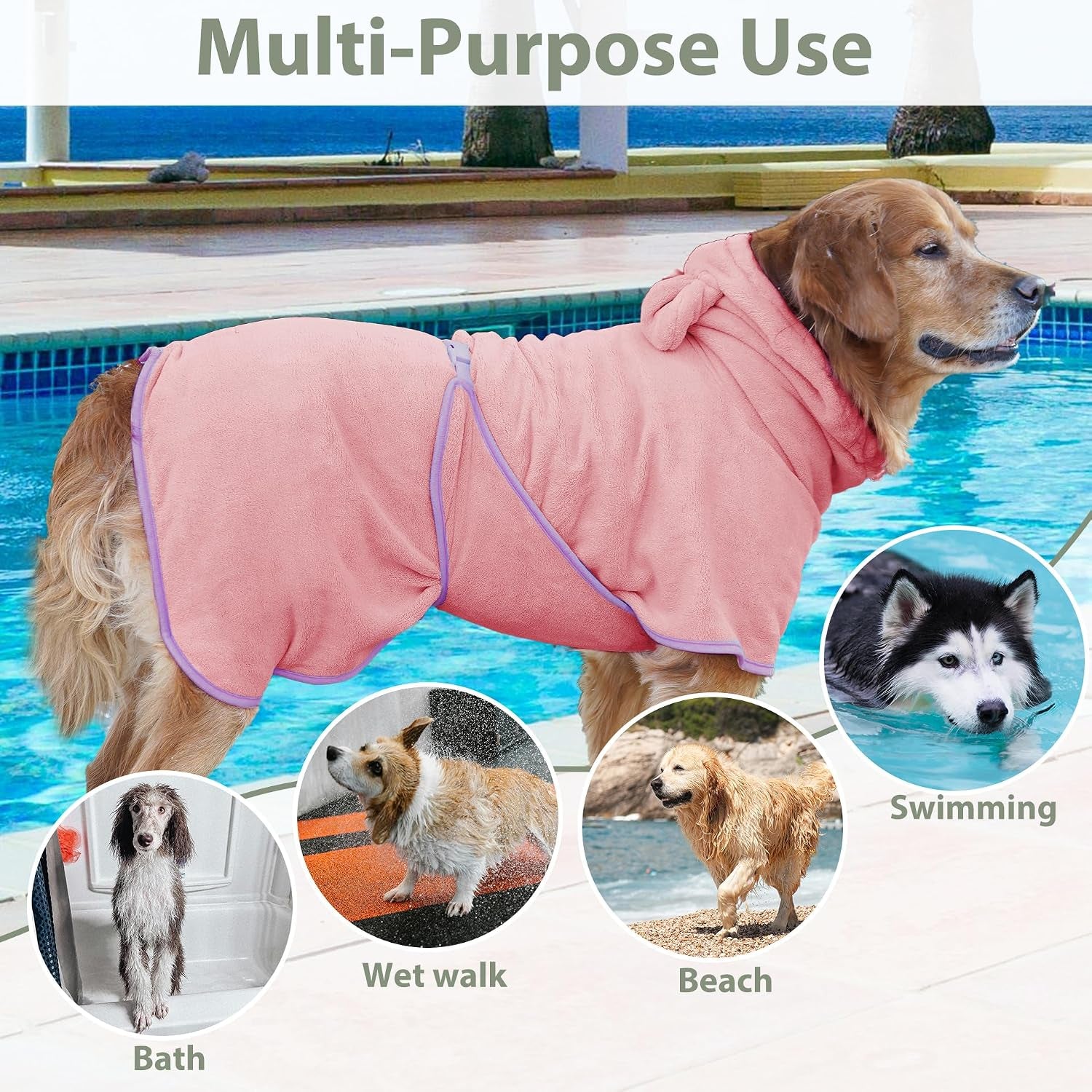 Dog Bathrobe Super Absorbent Towel Robe - Microfiber Bath Towels Fast Drying Coat for Dogs, Cute Dogs Clothes Adjustable Collar & Belly Strap Warm Keeping Hooded Dog Towel (Pink, Small)