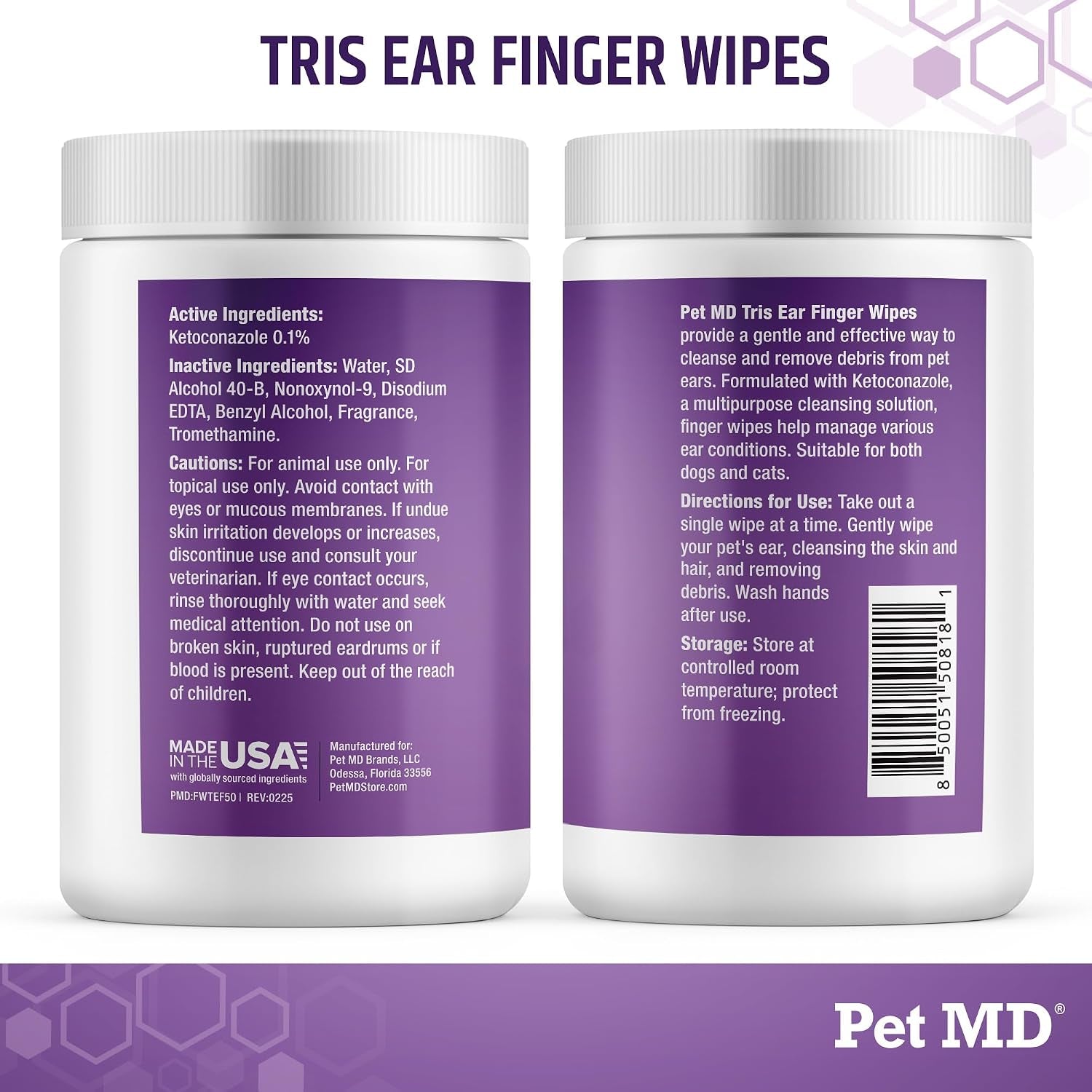 Tris Ear Finger Wipes for Dogs & Cats - 50Ct | Multipurpose Cleansing Solution Cat Ear Wipes & Puppy Ear Cleaner - Pet Safe Cleaner to Clean and Remove Debris