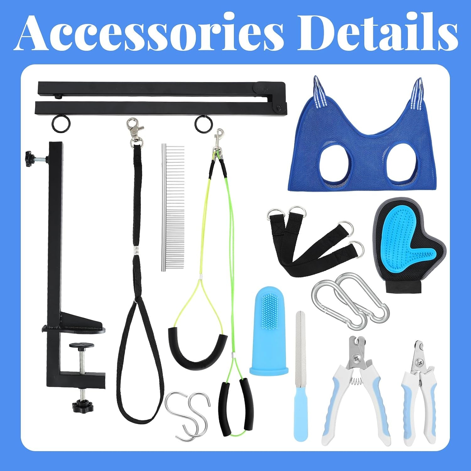13 Pcs Adjustable Dog Grooming Arm with Clamps, Adjustable Height 27"-37", Pet Grooming Stand with Hammock and No-Sit Haunch Holders, Ideal Set for Small & Medium Dogs at Home or Salons