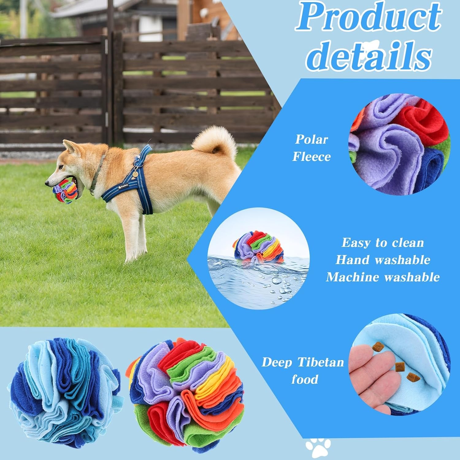 2 Packs Snuffle Ball for Dogs - Sniffle Interactive Treat Ball, Stress Relief, Slow Feeder, Puzzle Toy for Small Medium Dogs Cats, Soft Polar Fleece, Rainbow & Ocean Blue, 5.9 Inches