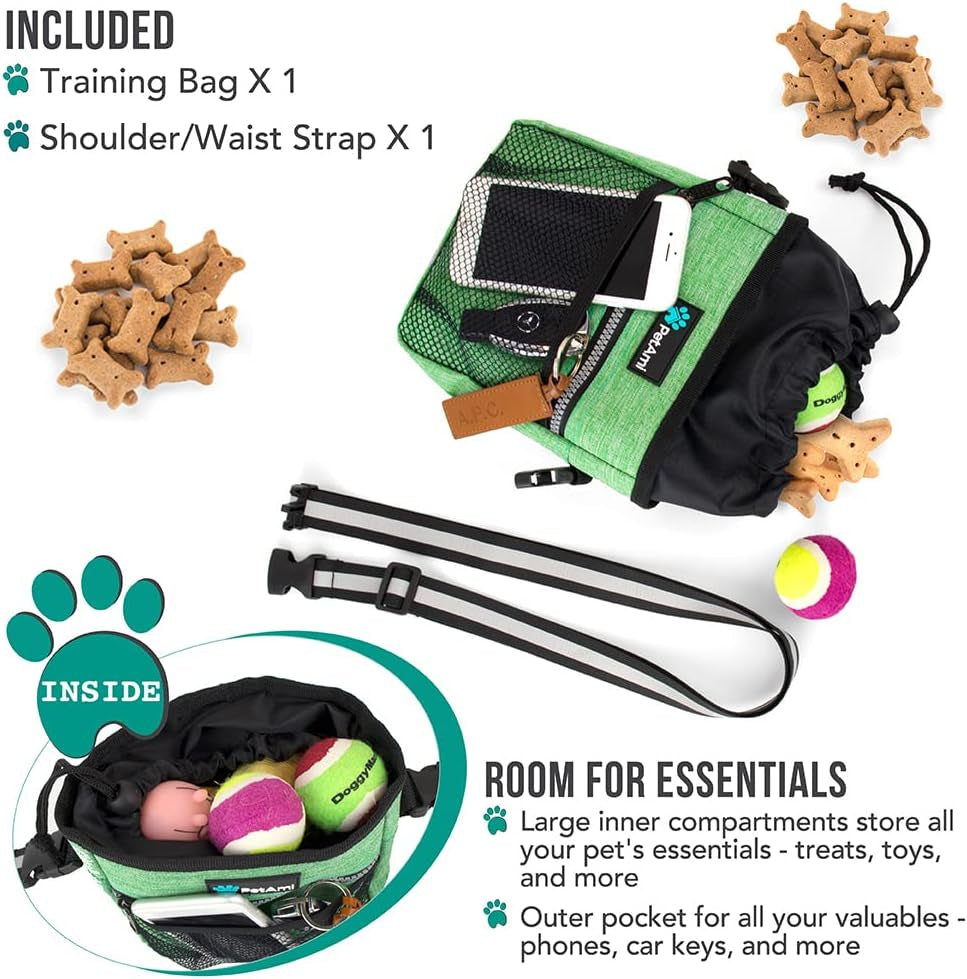 Dog Treat Pouch, Pet Treat Pouch for Training, Dog Walking Bag Holder for Kibbles, Pet Food Toy, Dog Trainer Essentials Supplies, Poop Bag Dispenser, 3 Ways to Wear (Green)