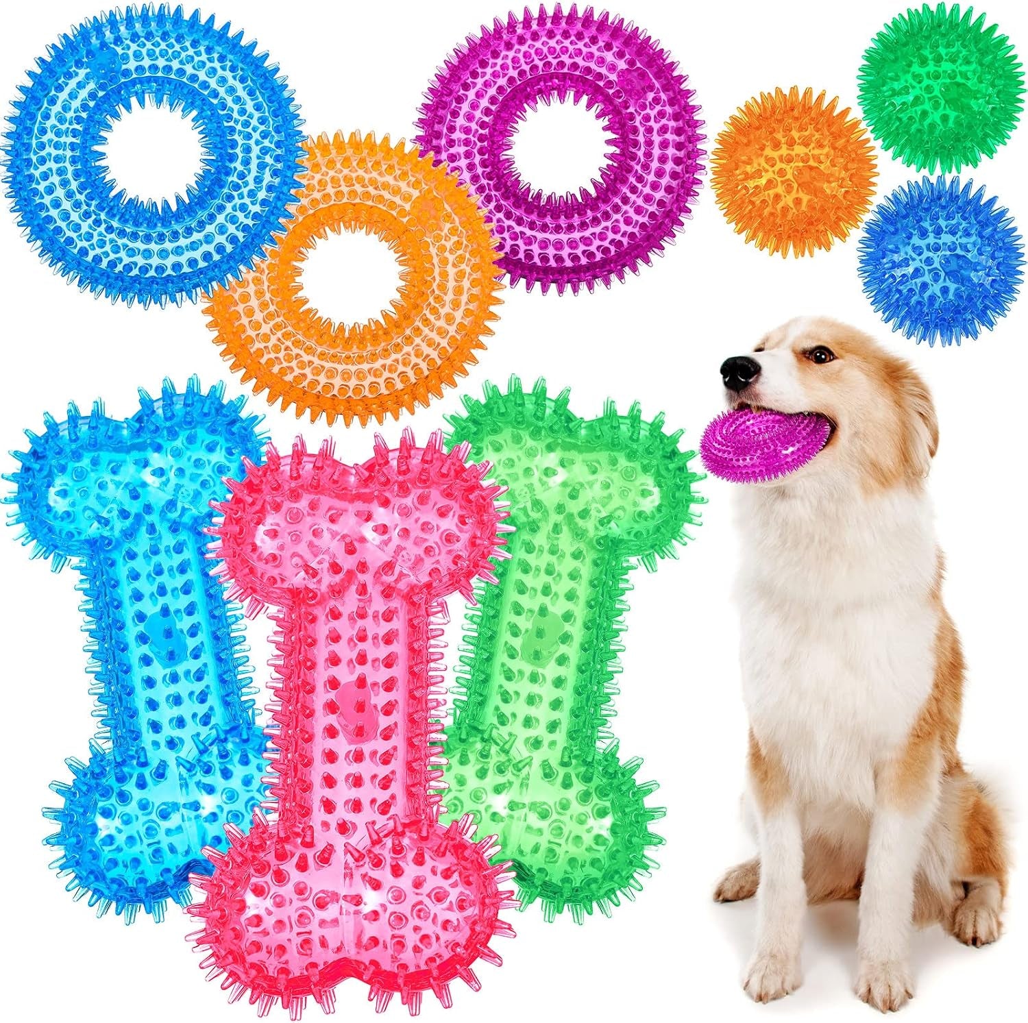 9 Pcs Dog Squeaky Toys Set, Gift for Dog Squeaky Balls Donut Bone Shape Teething Toys for Small Medium TPR Rubber Pet Chew for Training Fetching Teething