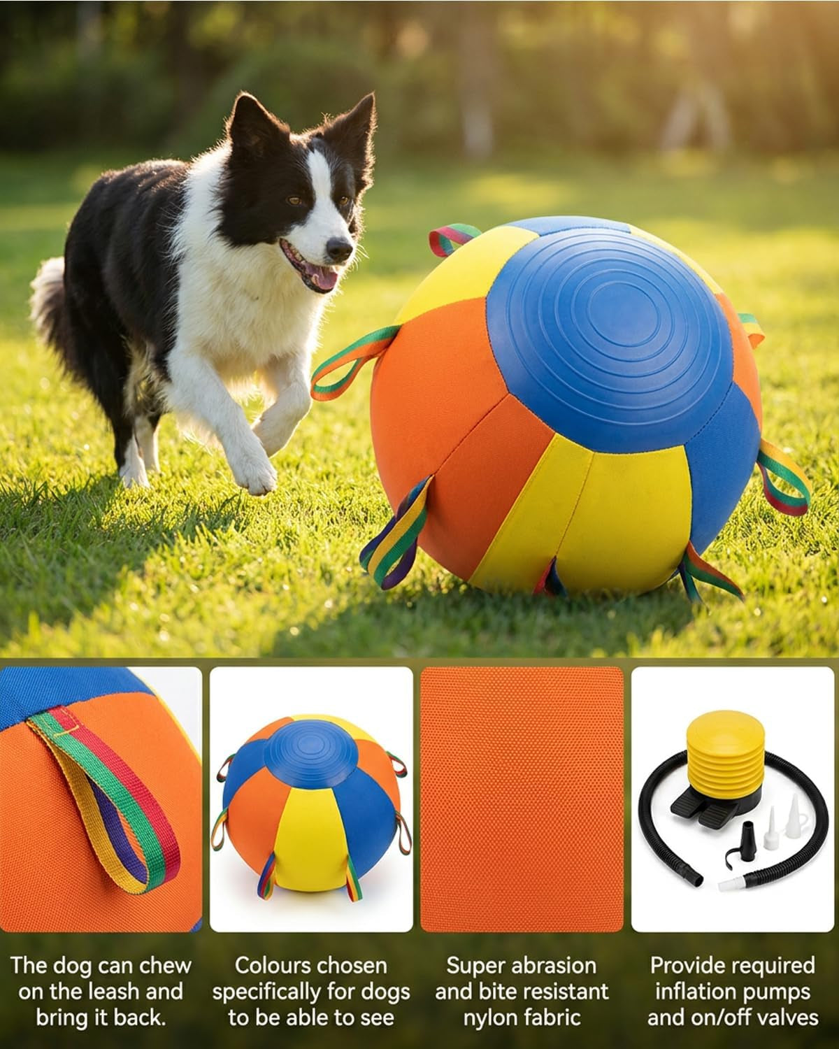 10/18/22" Herding Ball for Dogs Durable Tear Resistant Inflatable Jumbo Calming Toy Heavy Duty Handle Cover Pump Outdoor Play Exercise Training Large Breeds Border Collie Cattle Dog Waterproof (22IN)