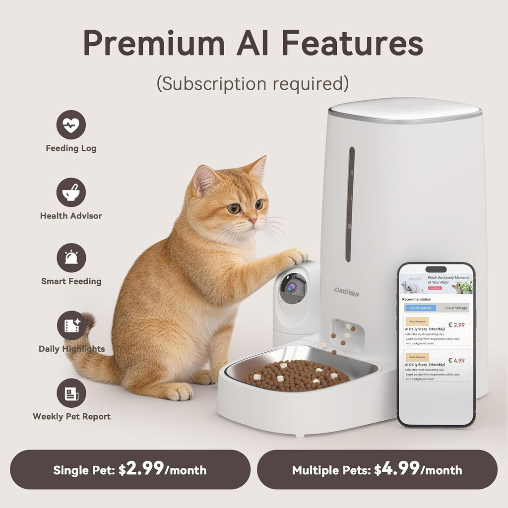 Automatic Cat Dog Feeder with Camera 4L, 2.4G/5G Wifi Smart Pet Food Dispenser with Night Vision, 2-Way Audio, Meat Call and Motion Alert, Stainless Steel Bowl, Dual Power Support, AI Feature