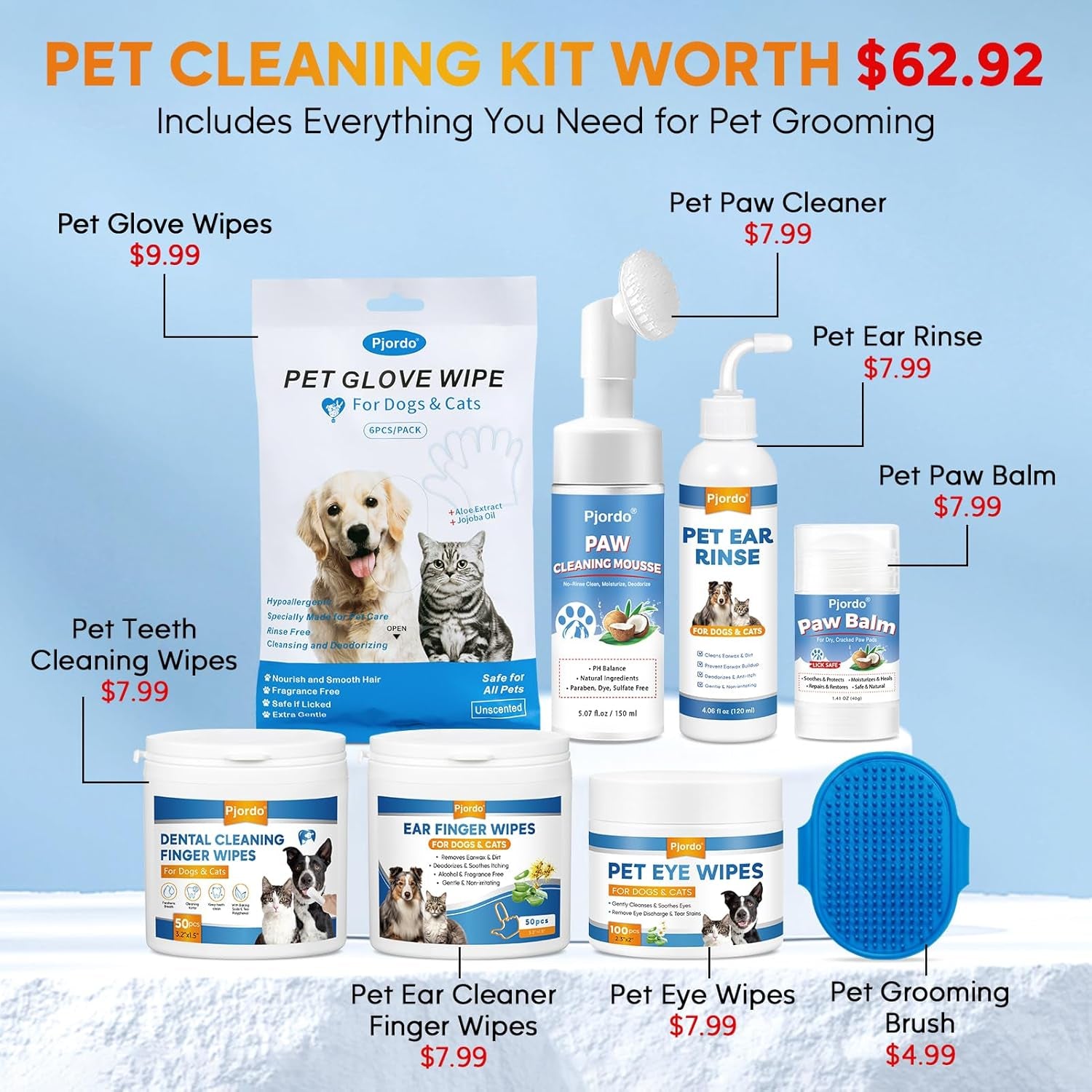 Pet Essential Supplies for Dog & Cat, Cleaning Kit for Whole Body, Pet Wipes Cleaning Deodorizing, Grooming Wipes & Paw Cleaner, Finger Wipes for Teeth, Ear & Eyes, Suitable for Daily Care