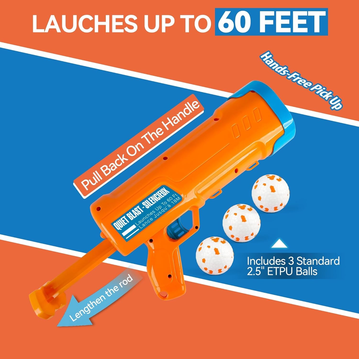 Dog Ball Launcher, Dog Ball Blaster with 3 ETPU Balls, Interactive Thrower for Medium to Large Dogs, Play Fetch Toy for Dogs for Outdoor Exercise