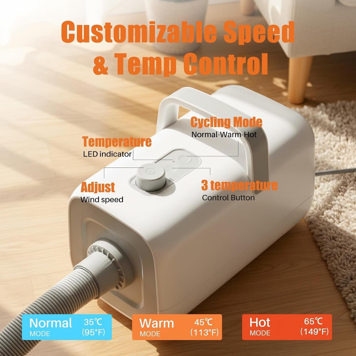 Dog Hair Dryer with Heater for Grooming, High Velocity Speed | 1550W Dog Blow Dryer, Temperature Adjustable Dog Blower Grooming, White
