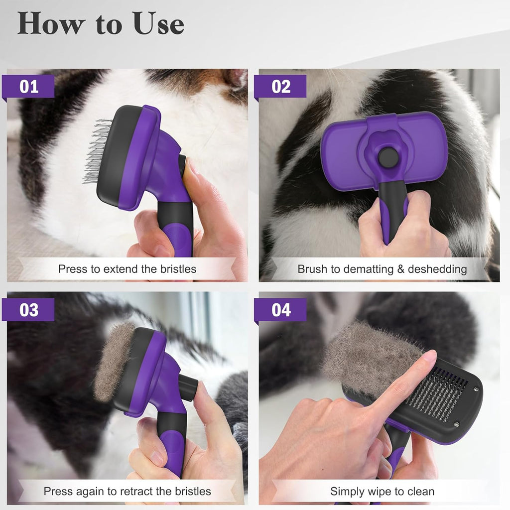 Self Cleaning Slicker Brush for Dogs & Cats, Skin Friendly Pet Grooming for Shedding, Deshedding, and Hair Removal - Puppy Brush for Long Haired Pets, Pet Supplies, Purple