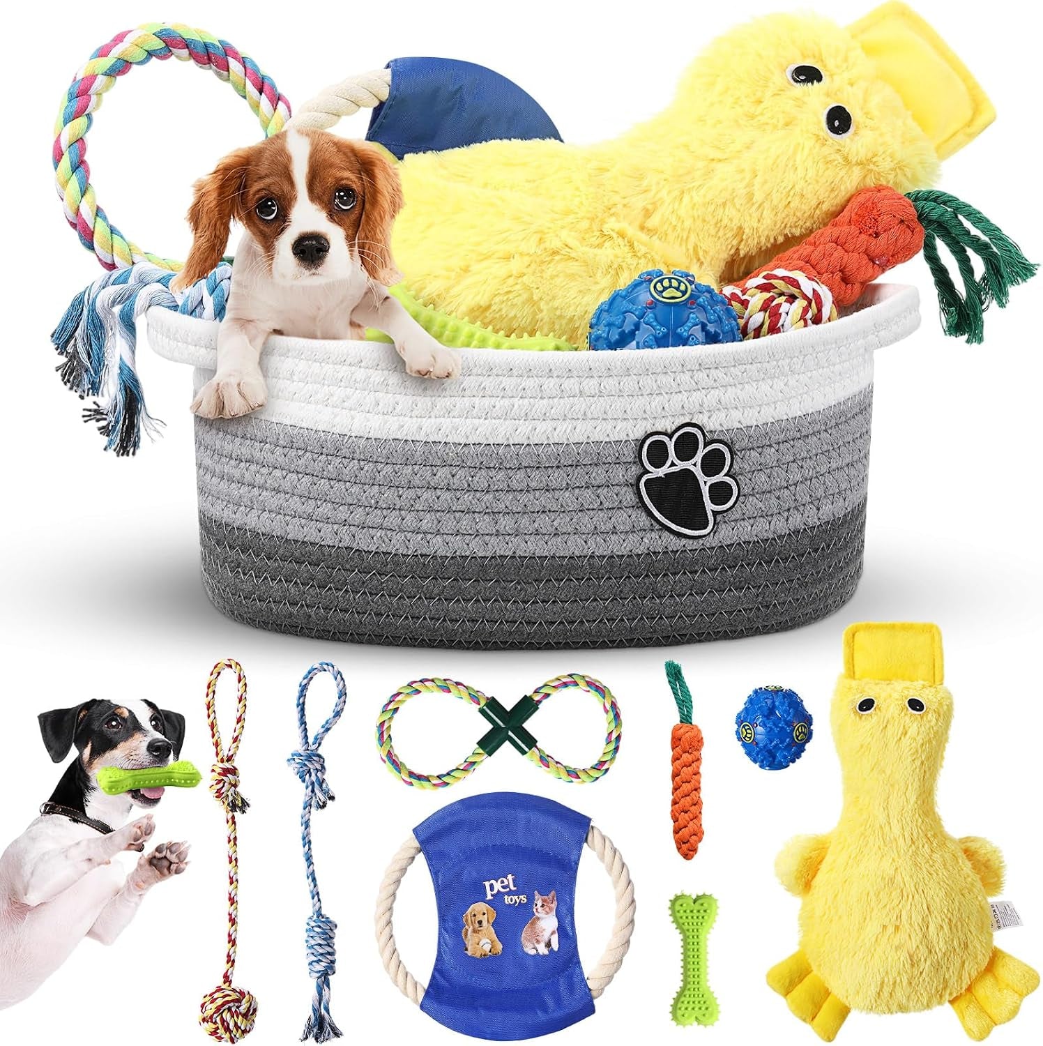 Puppy Dog Toy Gift Storage Basket with Dog Toys Set Chew Toys Birthday Gift Basket Teething Interactive Squeaky Duck for Teething Small Medium Large Dogs(Pink)