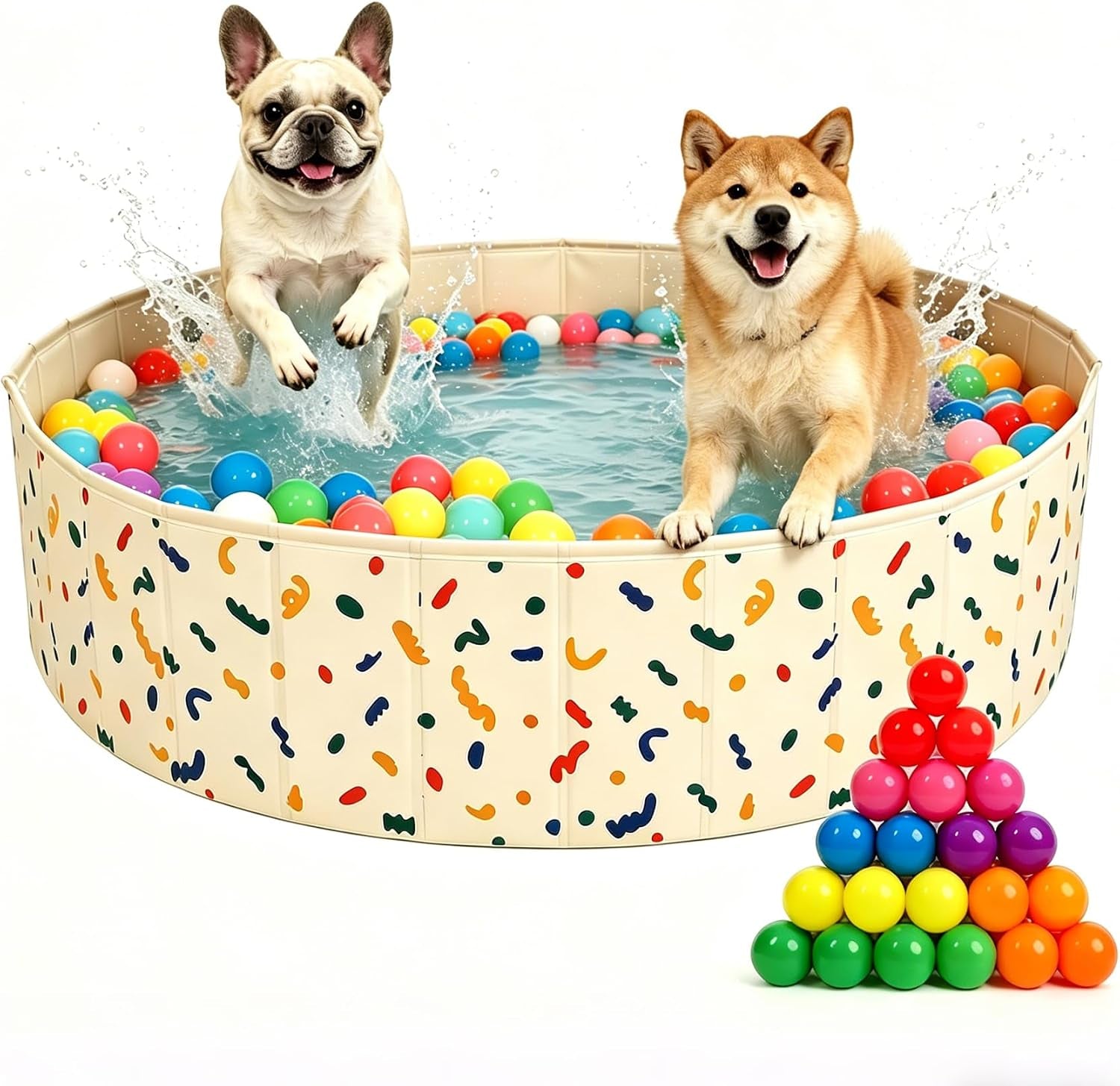 Foldable Dog Ball Pit with 64 Balls Included & Dog Pool, Portable Multifunctional Ball Pit for Dogs & Cats, Anti-Collapse Non-Slip Pet Play Pool (Beige S+64 Balls)