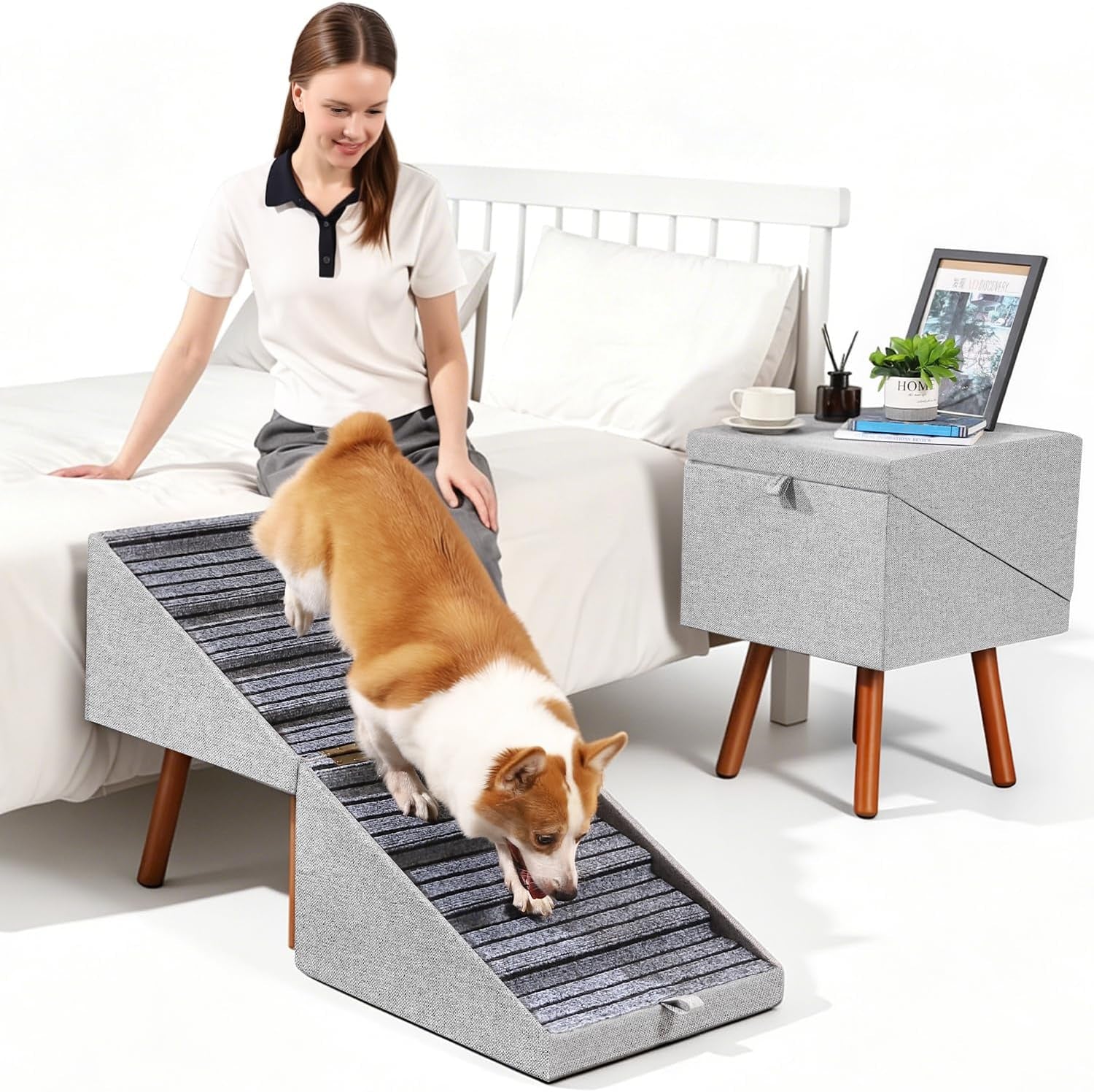 2-In-1 Foldable Ottoman Dog Ramp for Couch(6-Steps) | Convertible Folding Dog Stairs for Couch and Bed,Non-Slip Wooden Pet Stairs for Puppy Senior Injured Dogs