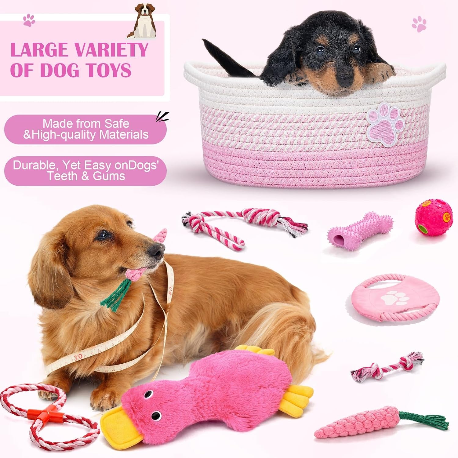 Puppy Dog Toy Gift Storage Basket with Dog Toys Set Chew Toys Birthday Gift Basket Teething Interactive Squeaky Duck for Teething Small Medium Large Dogs(Pink)