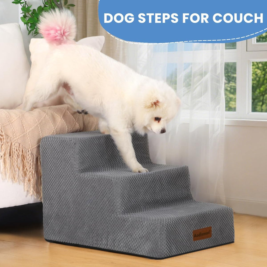 Dog Stairs for Small Dogs & Cats,3-Step Pet Steps for Couch & Bed | High-Density Foam Dog Steps with Anti-Slip Bottom,Easy for Puppies,Older Cats & Dogs to Reach Sofas & Chairs,Grey,13.6" H