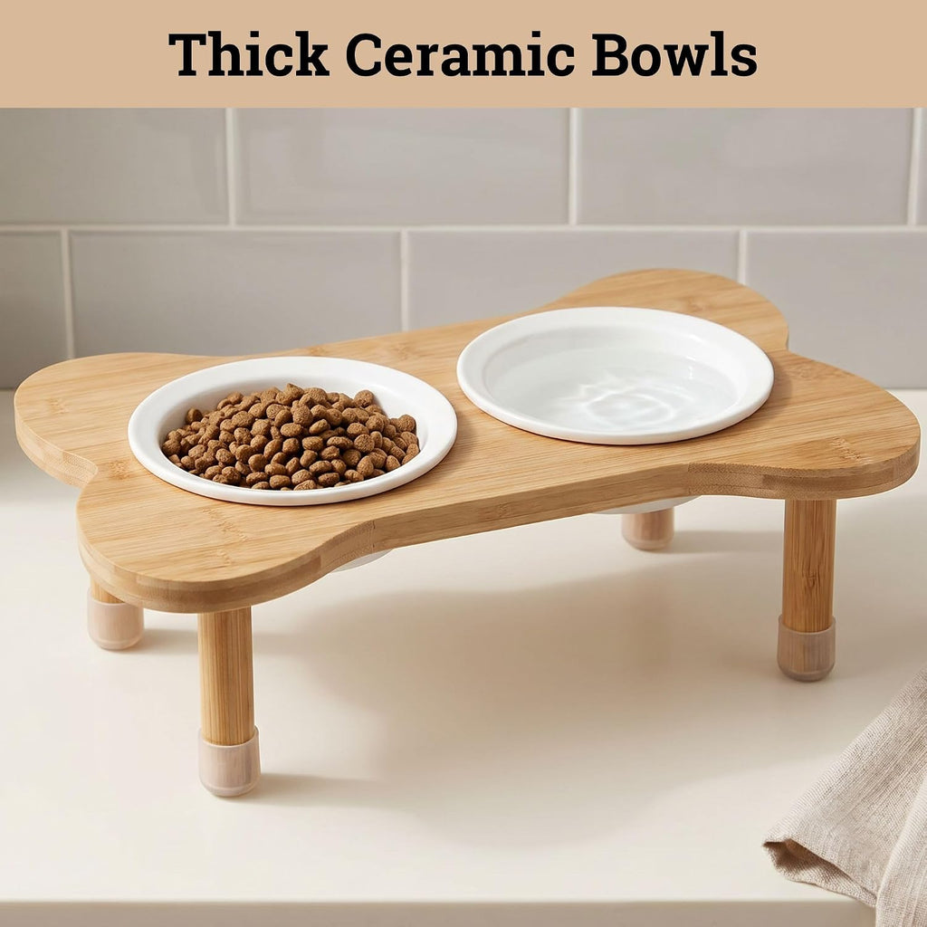 Elevated Dog Bowls for Small Dogs, Set of 2 Ceramic Dog Bowls with Stand | Screw-In Bamboo Legs, Pre-Drilled Holes, Anti-Slip Bamboo Stand, Easy to Assemble, Set of 2 Dog Bowls for Dogs up to 20 Lbs