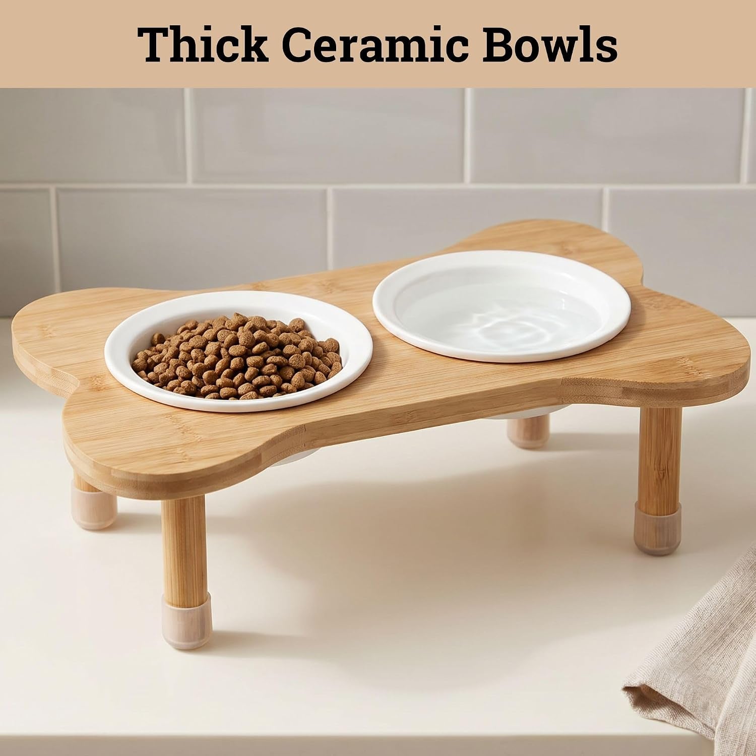Elevated Dog Bowls for Small Dogs, Set of 2 Ceramic Dog Bowls with Stand | Screw-In Bamboo Legs, Pre-Drilled Holes, Anti-Slip Bamboo Stand, Easy to Assemble, Set of 2 Dog Bowls for Dogs up to 20 Lbs