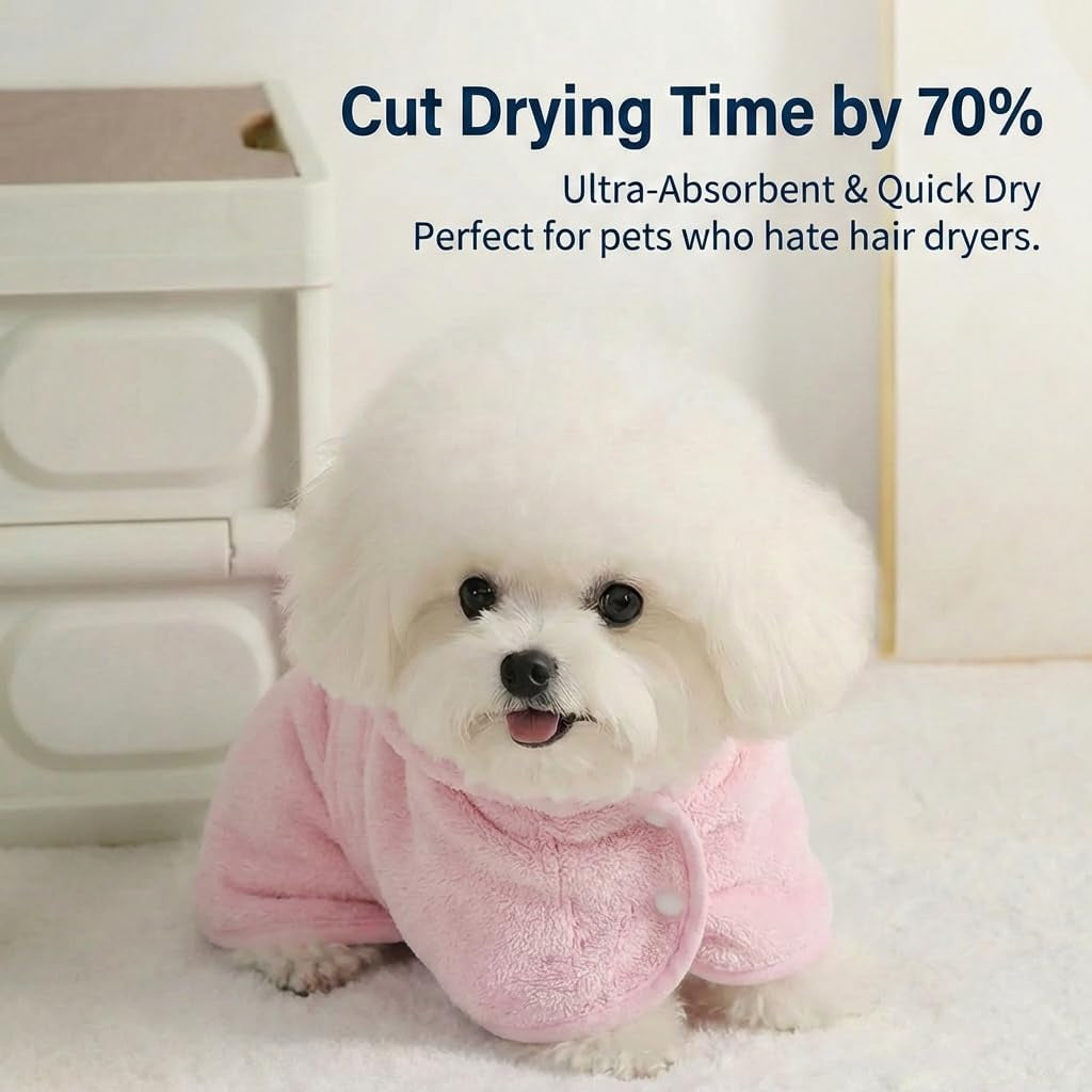 Dog Bathrobe Super Absorbent Towel for Small Dogs Cats Fast Drying Dog Robe Coat with Hood Puppy Cat Bath Towel Wrap Pet Grooming Supplies after Shower (Light Pink,S)