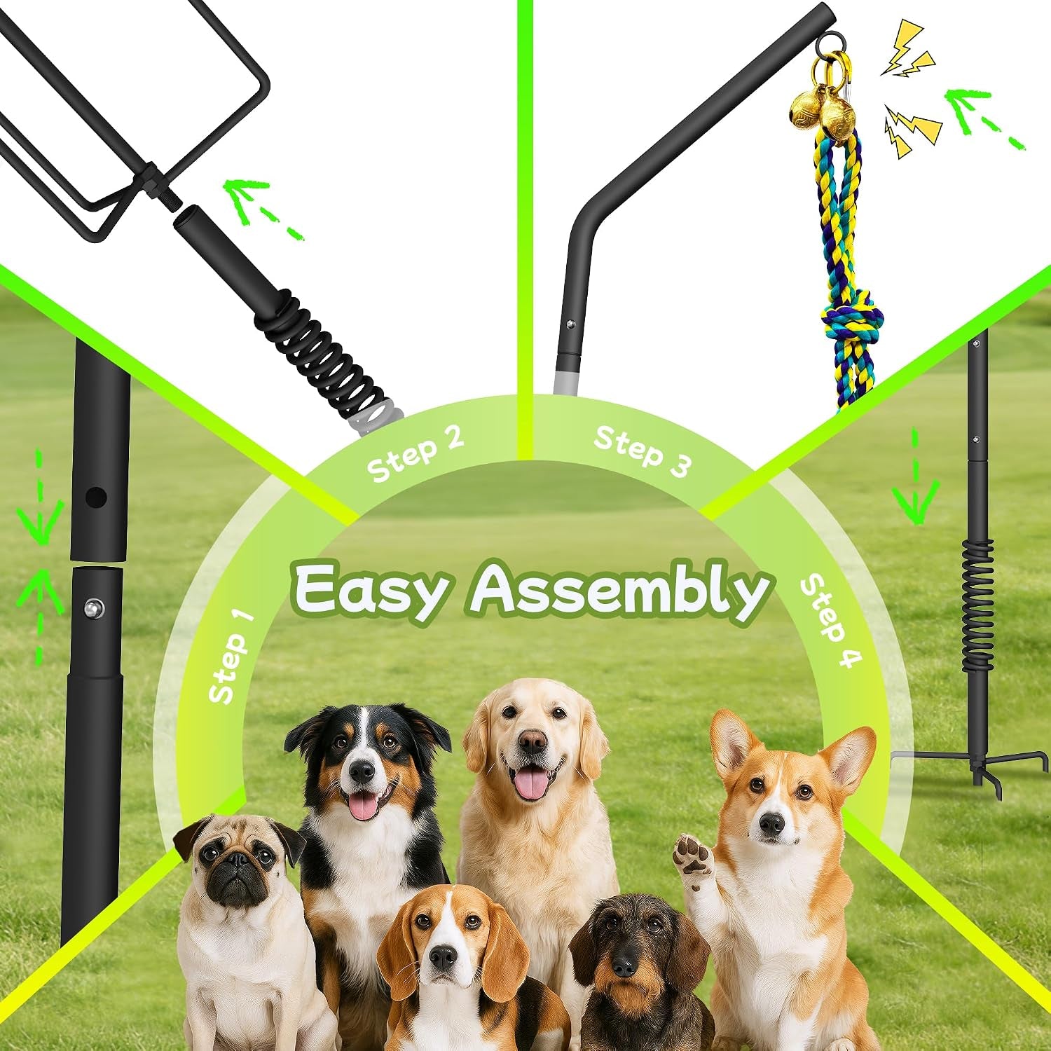 Tether Outdoor Dog Rope Toy with Adjustable Height Spring Pole, 3 Kinds Dog Tug of War Toys for Self Play and Interactive in Park, Yard, Lawn Rope, Suitable for Energetic Dog(45.5″)