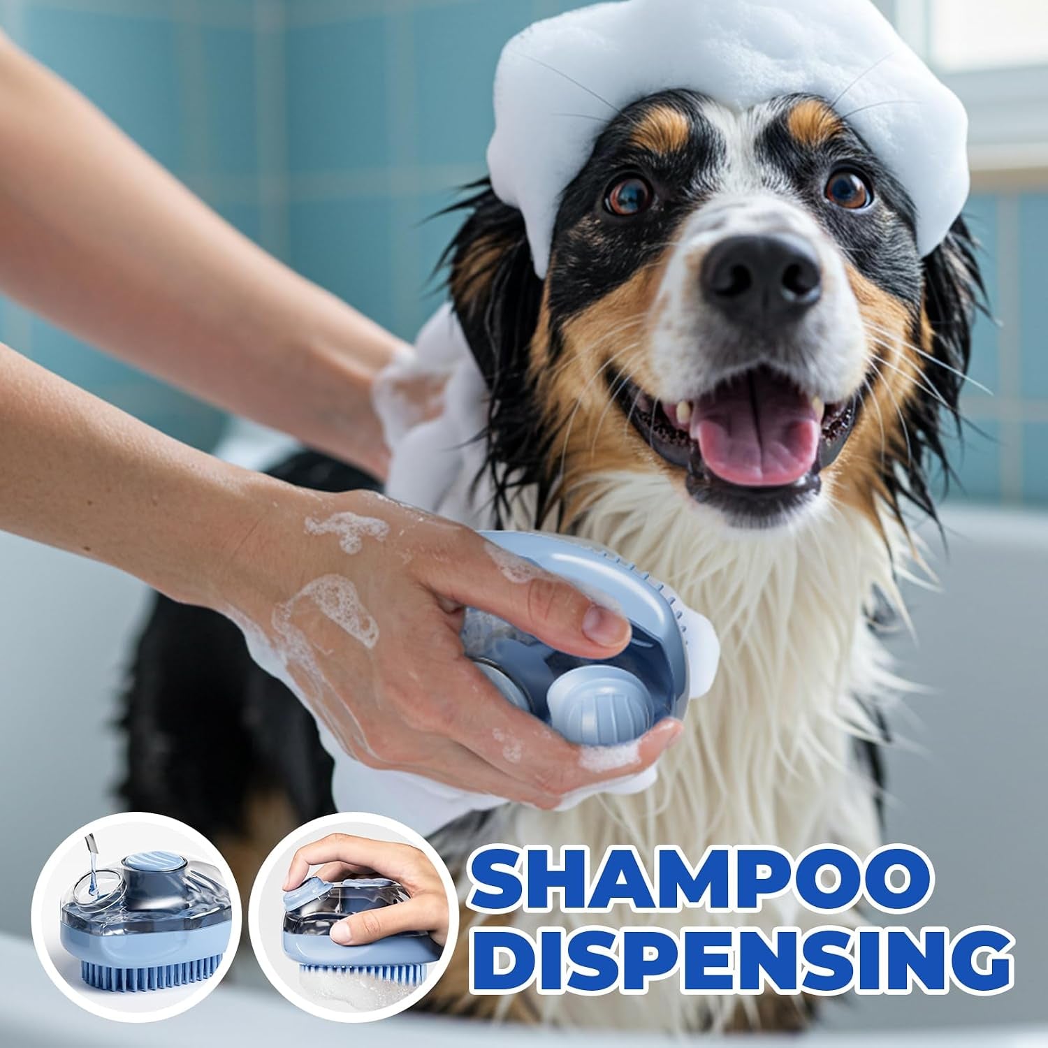 Cat Brush, Dog Bath Brush with Shampoo Dispensing, Blue, 1 Pack | Shedding with Self Cleaning, Grooming Supplies, Shampoo Brush Scrubber