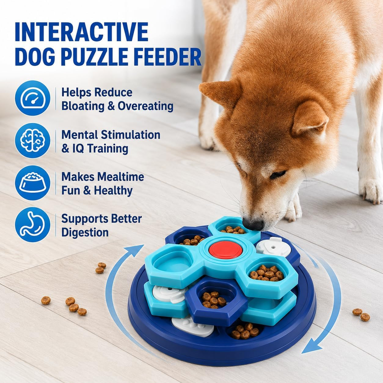 Slow Feeder Puzzle Dog Bowl, 4-Layer Rotating Interactive Pet Feeder with 7 Removable Covers, Silicone Spatula & Non-Slip Base, Blue
