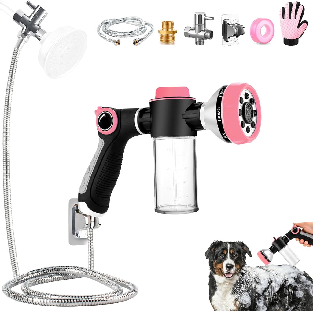 Dog Shower Attachment with 6.6FT Shower Hose, 8 Sprayer Modes Dog Washing Hose Attachment for Bathroom & Bathtub, Outdoor Use Dog Washing Kit with Pet Grooming Glove Shampoo Dispenser and Holder