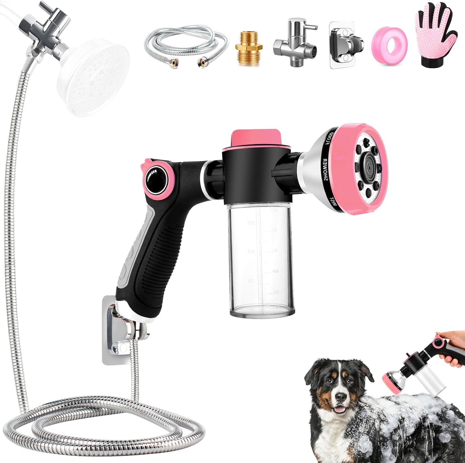 Dog Shower Attachment with 6.6FT Shower Hose, 8 Sprayer Modes Dog Washing Hose Attachment for Bathroom & Bathtub, Outdoor Use Dog Washing Kit with Pet Grooming Glove Shampoo Dispenser and Holder