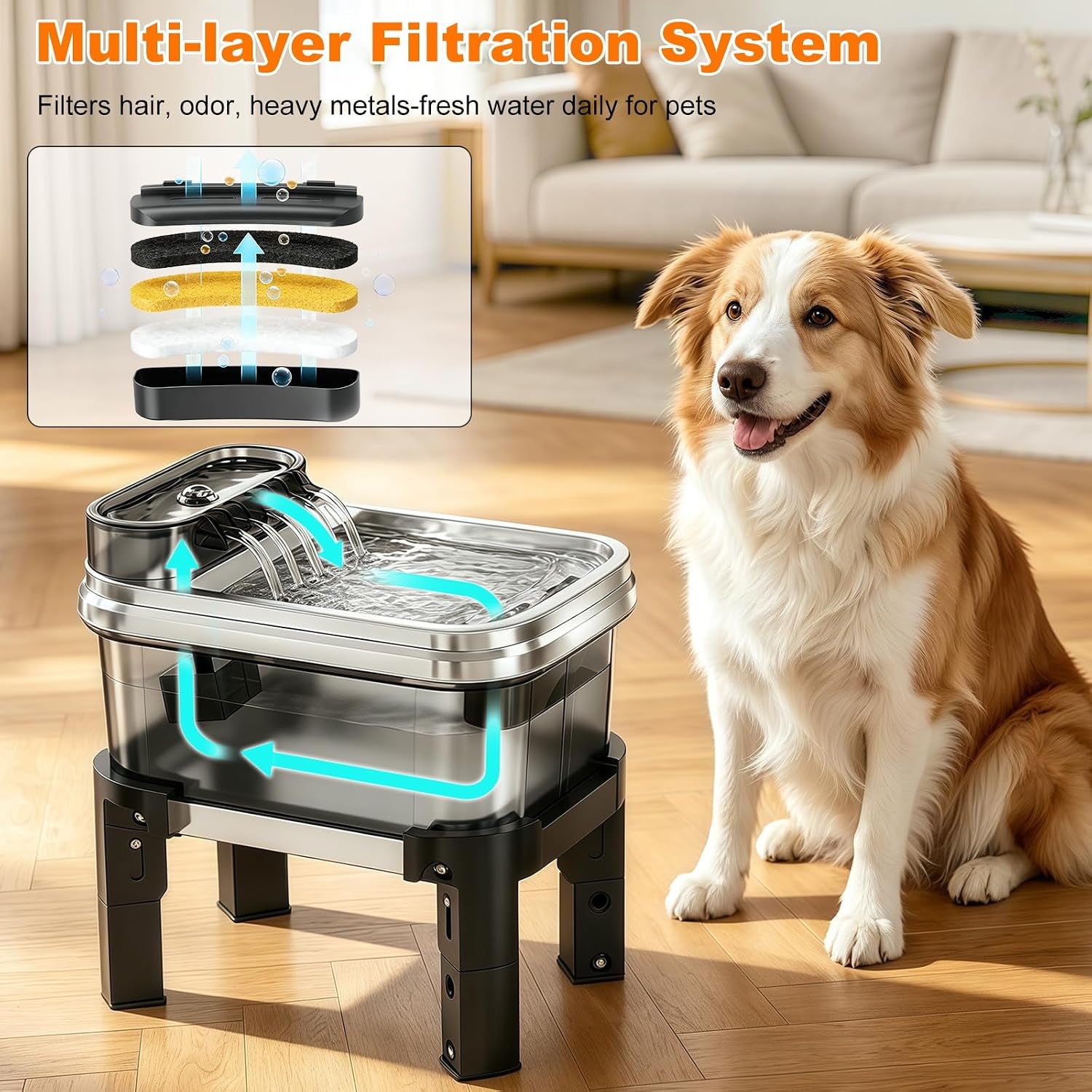 9L Elevated Stainless Steel Dog Water Fountain with Filter | 4-Level Adjustable Indoor Pet Water Fountain with Quiet Pump and No-Spill Design for Small, Medium, and Large Dogs