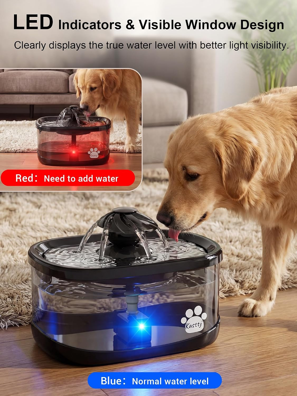 9.5L Dog Water Fountain,Large Pet Water Fountain for Dogs inside | 2.5Gal Quite Dog Water Bowl Dispenser with Water Window & Led,Dog Water Bowl with Multi-Filtration for Pets(Fs82,Black)