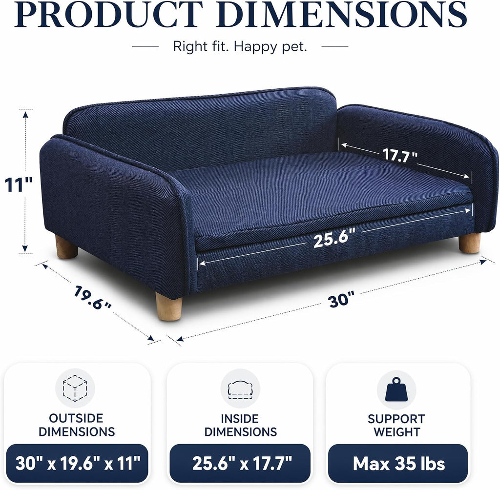 Dog Couch Bed for Small to Medium Dogs, Orthopedic Bolster Dog Sofa Bed with Removable Washable Cover, Elevated Pet Couch with Armrests, Navy Blue