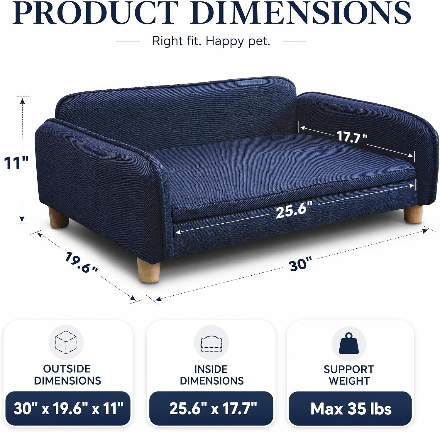 Dog Couch Bed for Small to Medium Dogs, Orthopedic Bolster Dog Sofa Bed with Removable Washable Cover, Elevated Pet Couch with Armrests, Navy Blue