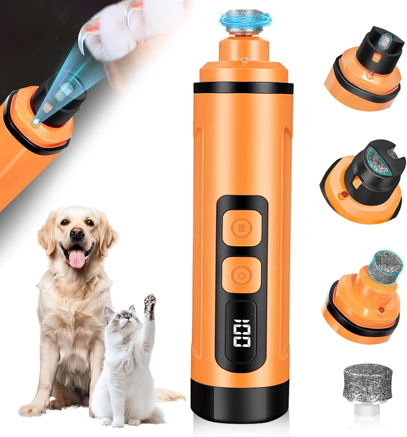 Dog Nail Grinder Electric Powerful 3 Speeds Dog Nail Clippers with Lights Quiet Cat Nail Clipper Painless Care Trimmers Tools for Small Medium Large Dogs and Cats（Orange）