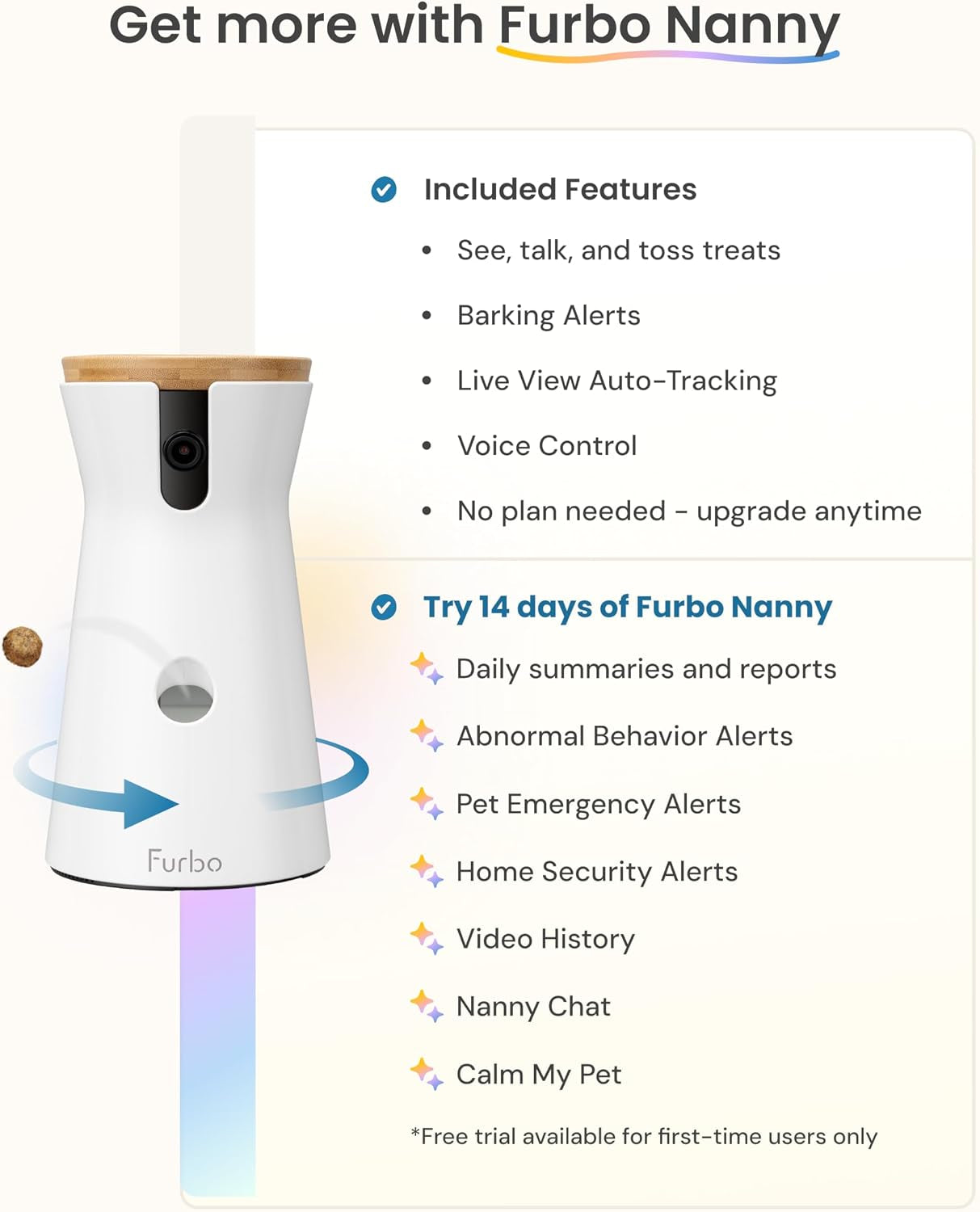 360° Dog Camera: Basic See, Talk & Toss Features, No AI Alerts, No Subscription Required, Pet Security Cam W/Barking Alerts, Rotating View, Treat Toss, 2-Way Audio, Smart Home Puppy Monitoring